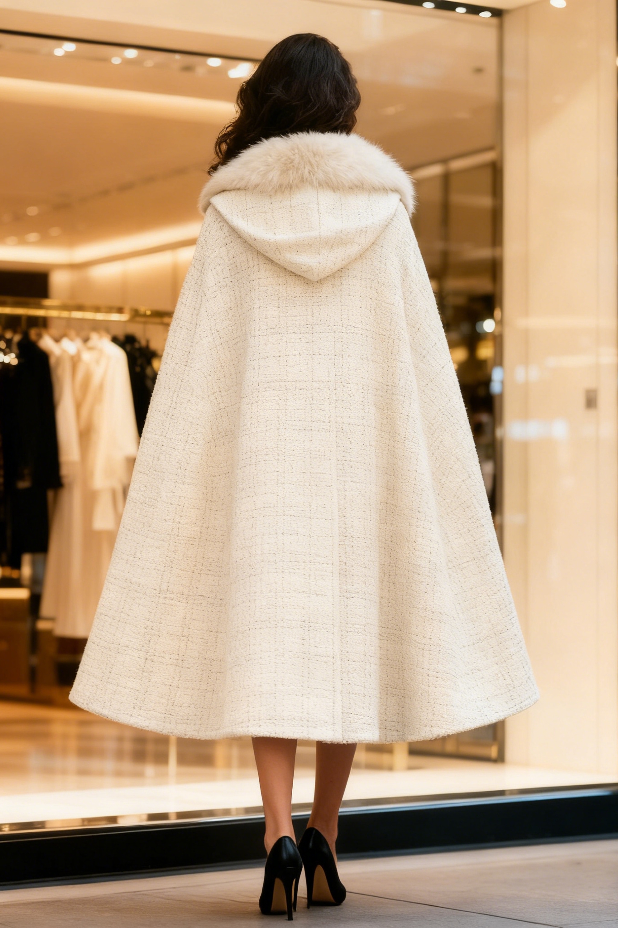 Ivory Flared Coat With Faux Fur Collar And Cuffs