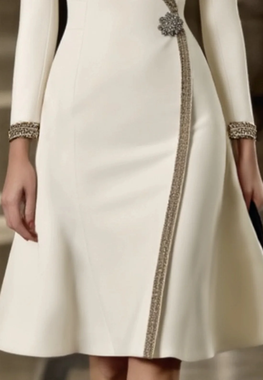 Work Dress White V Neck Long Sleeve Knee-Length Dress