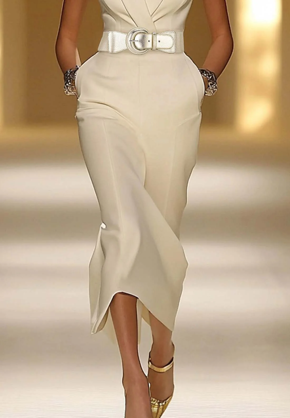 Work Blazer Dress Beige Collared Pocket Waistband Midi Dress