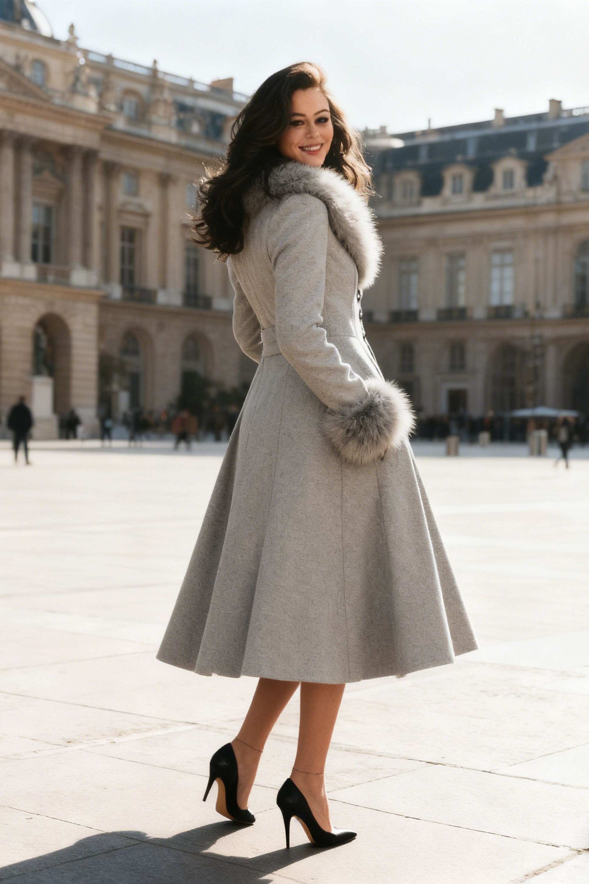 Grey Flared Coat With Faux Fur Collar And Cuffs