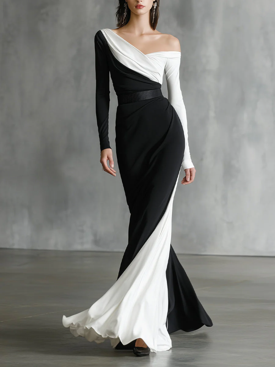 Women's Black - White Classic Jersey Asymmetric One - Shoulder Maxi Dress