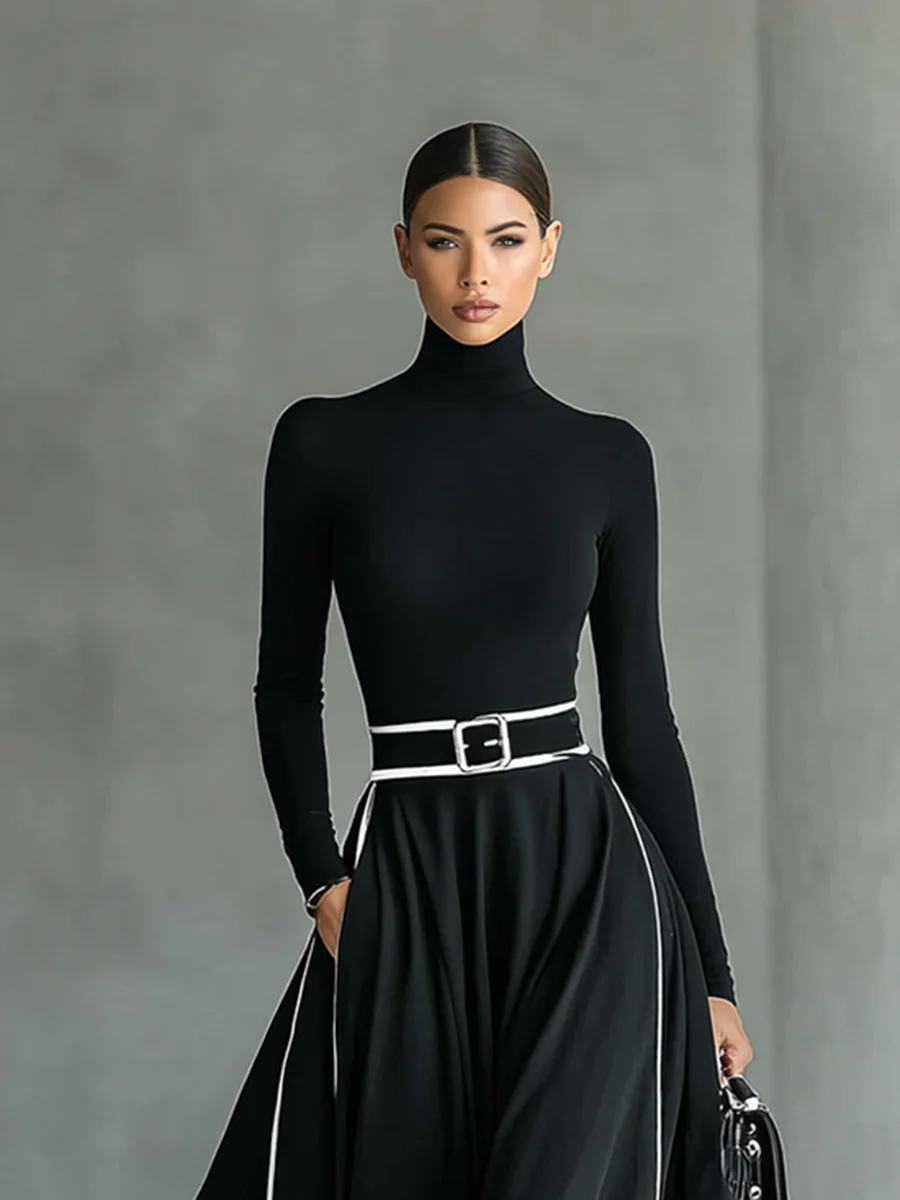 Women's Black Stitching White Trim High Collar Long Sleeve Tight Belt Maxi Dress