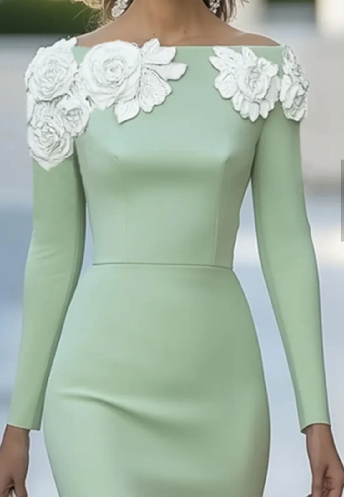 Bateau Long Sleeves Appliques Mermaid Work Dress