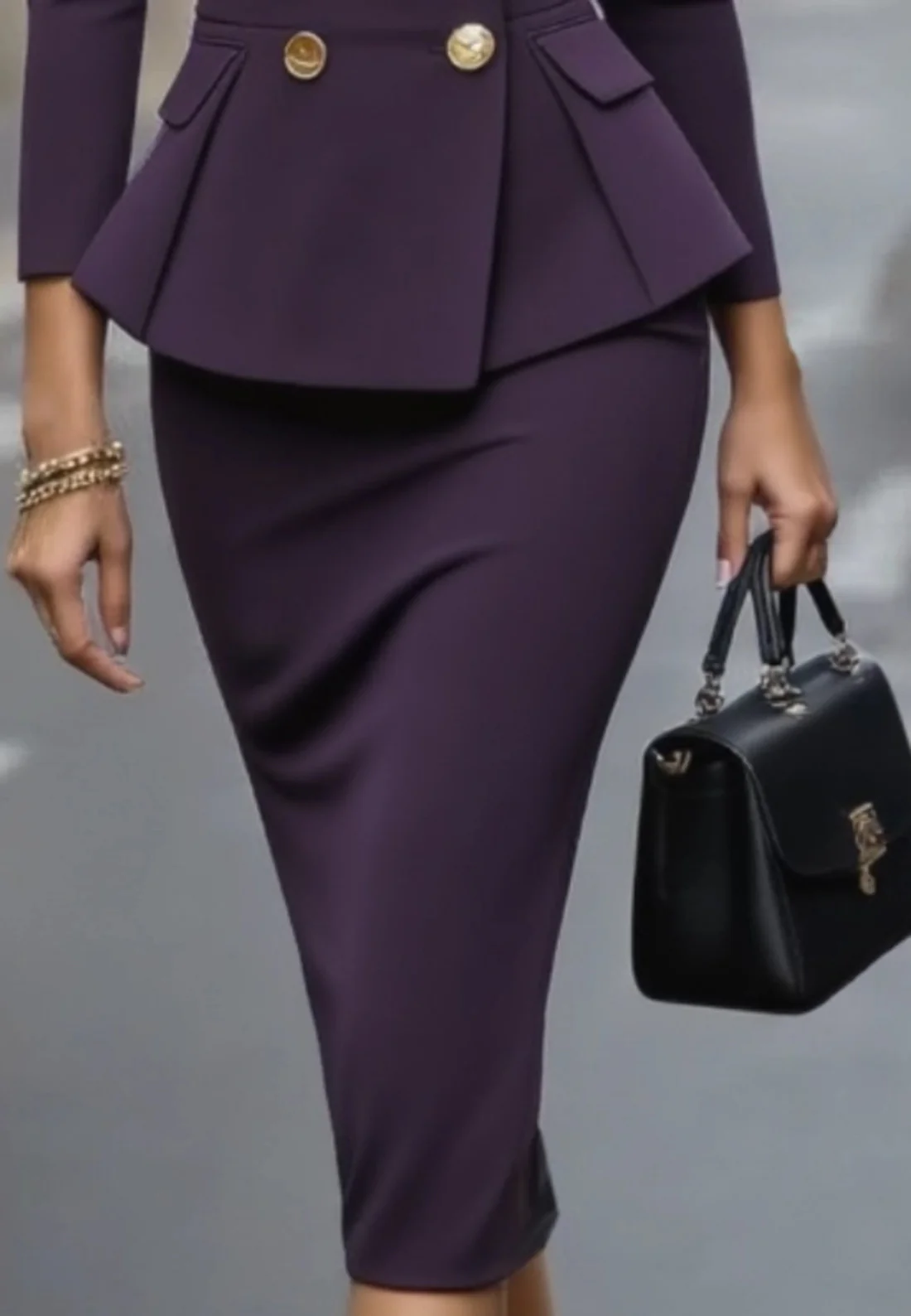 Work Blazer Suit Sets Dress Purple Lapel Knee-Length Long Sleeve Skirt Set