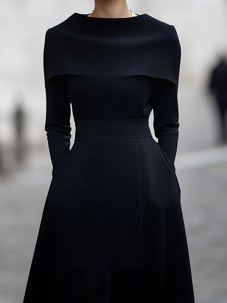 Draped Cape-Shoulder Midi Dress In Classic Black