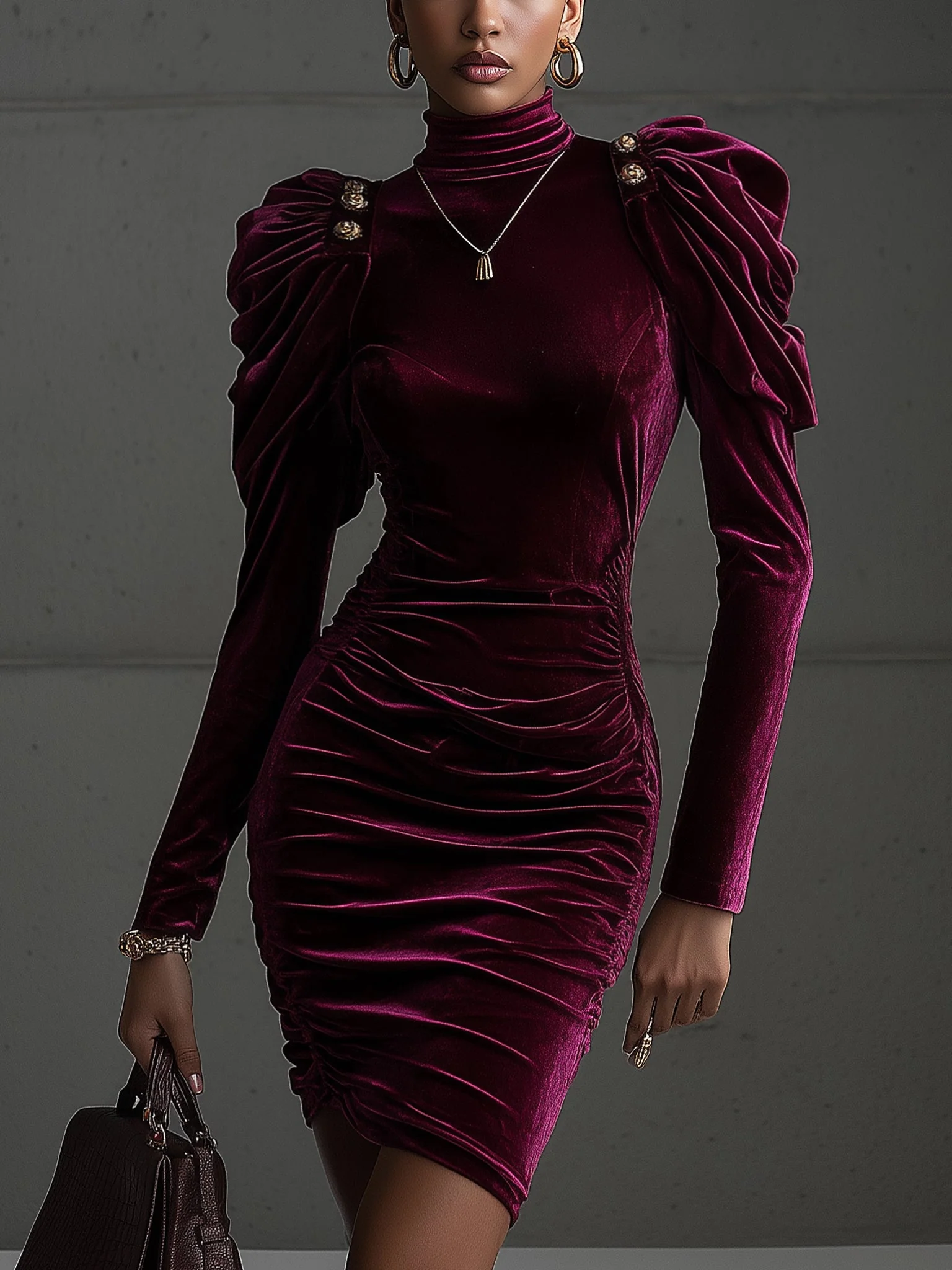 Burgundy Velvet Puff Shoulder Long Sleeve Bodycon Dress