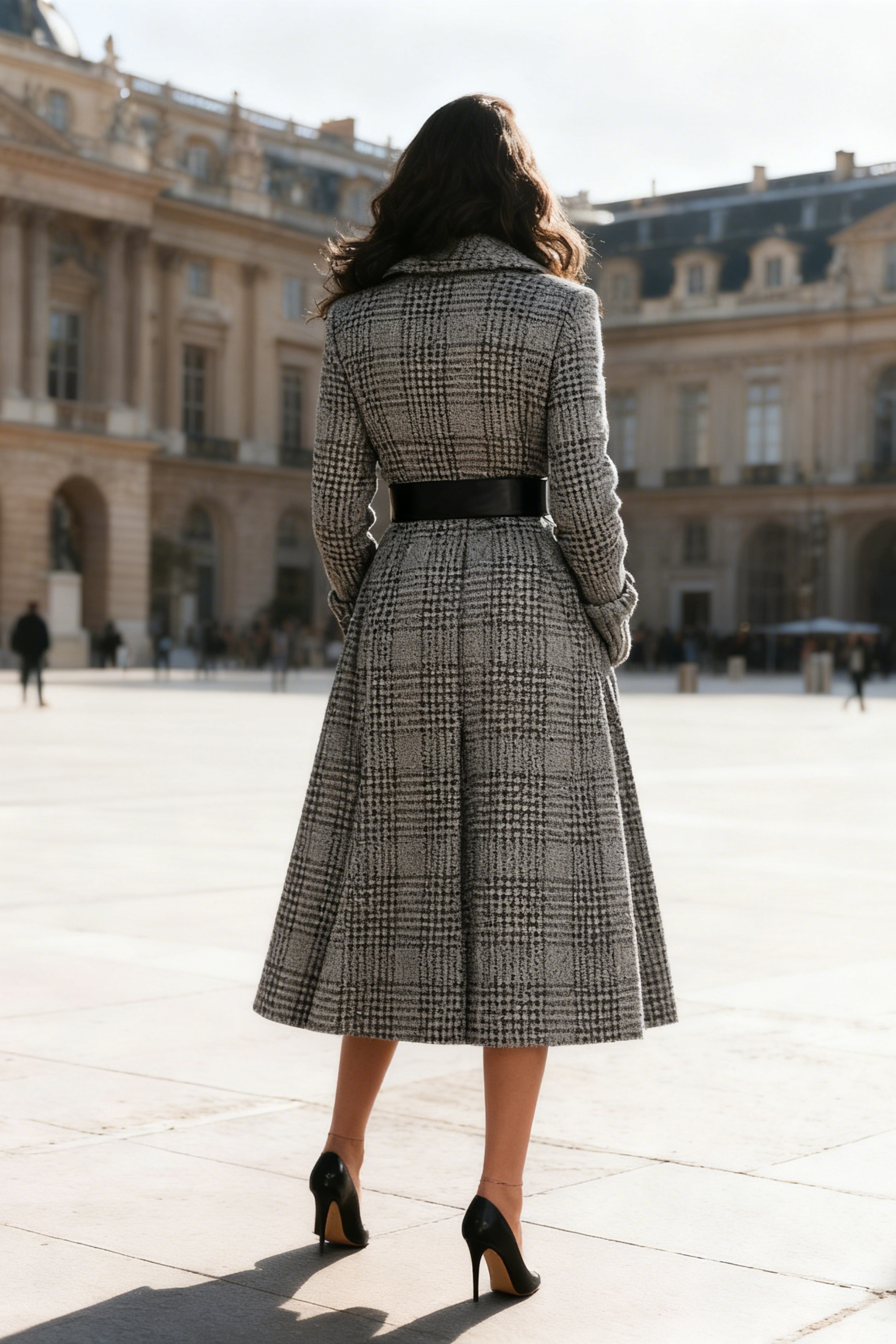 Grey Belted Plaid pattern Flared Coat