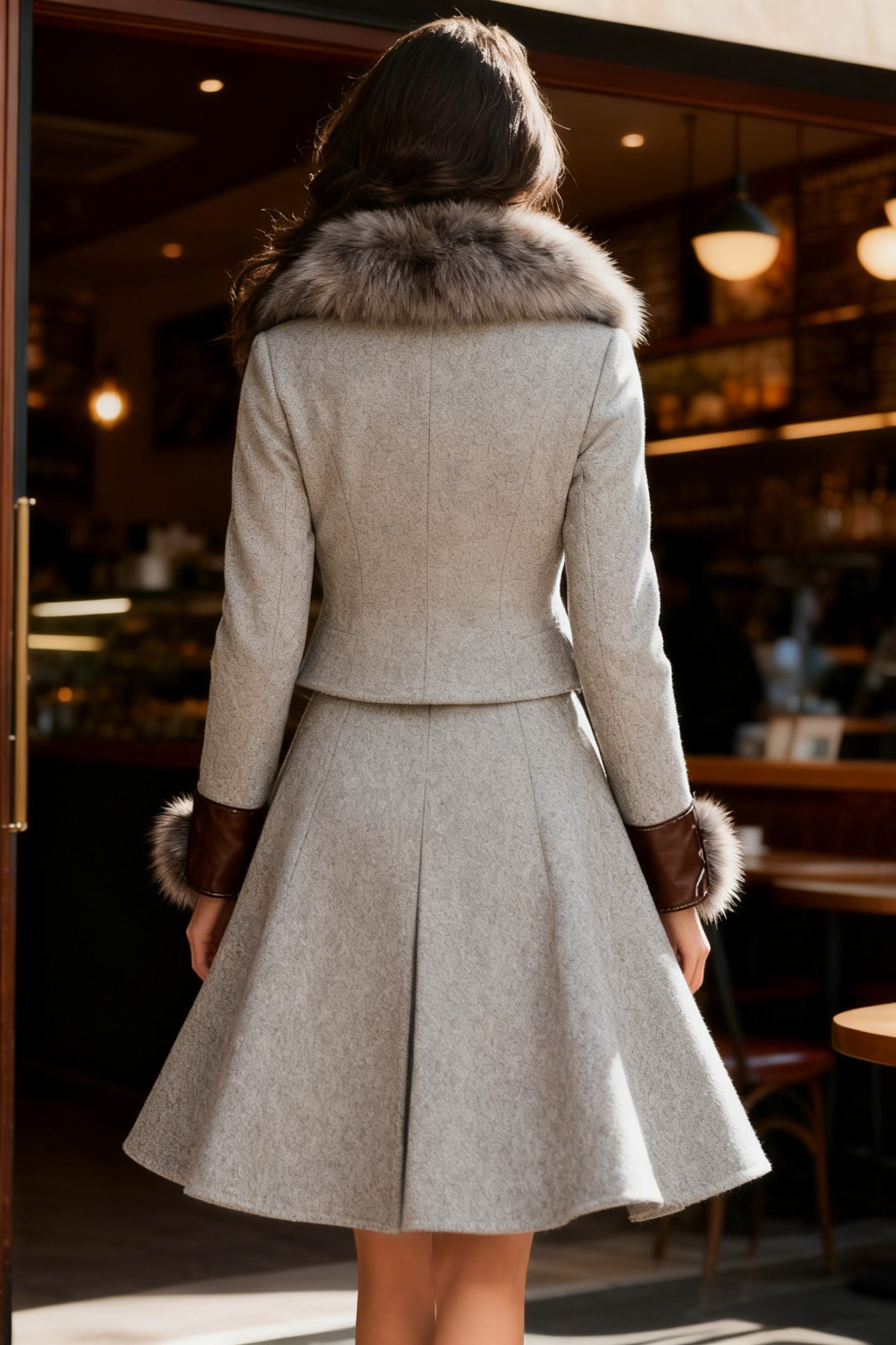 Grey Coat Suit Set With Faux Fur Collar And Cuffs