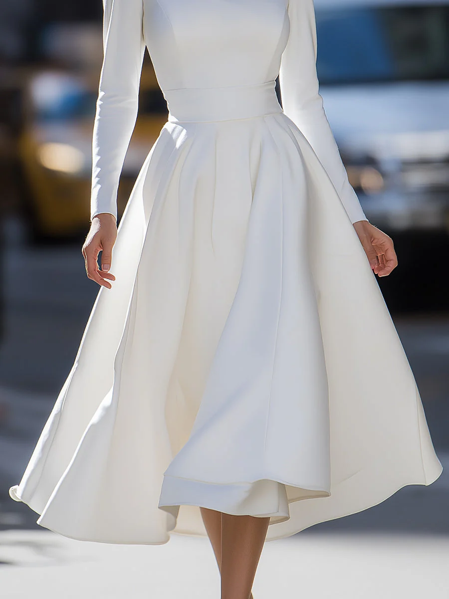 Ivory Long-Sleeve Midi Dress With Flared Skirt
