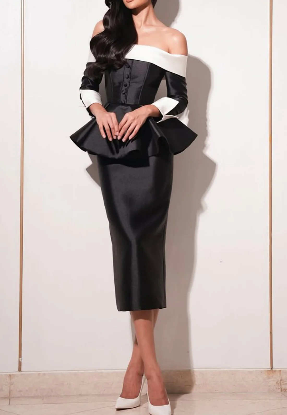 Off-Shoulder Long Sleeves Mermaid Midi Semi Formal Dress