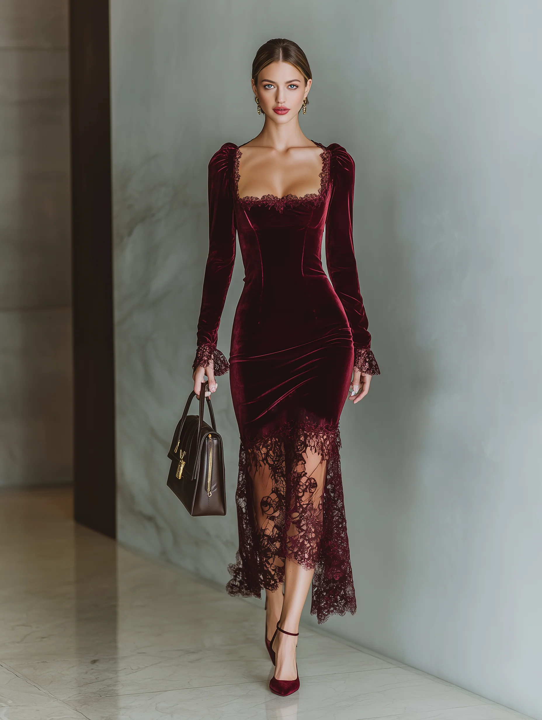 Women's Burgundy Velvet Lace Fitted Maxi Dress