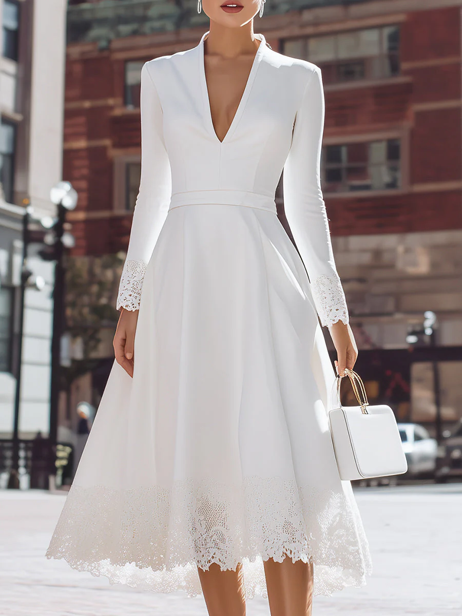 Elegant White Lace Trim Midi Dress