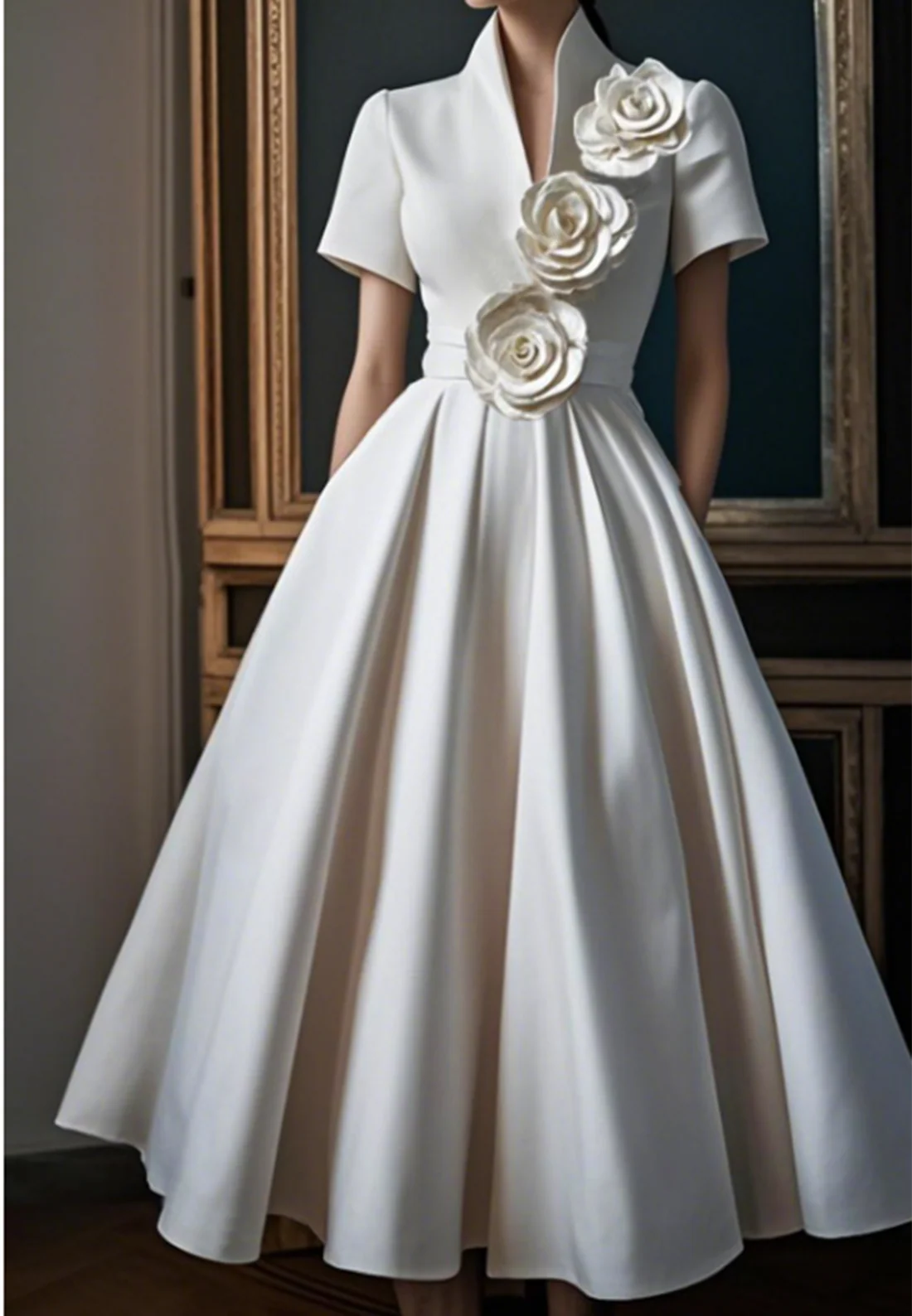 V-Neck Short Sleevs 3D Floral Pleated A-Line Work Dress