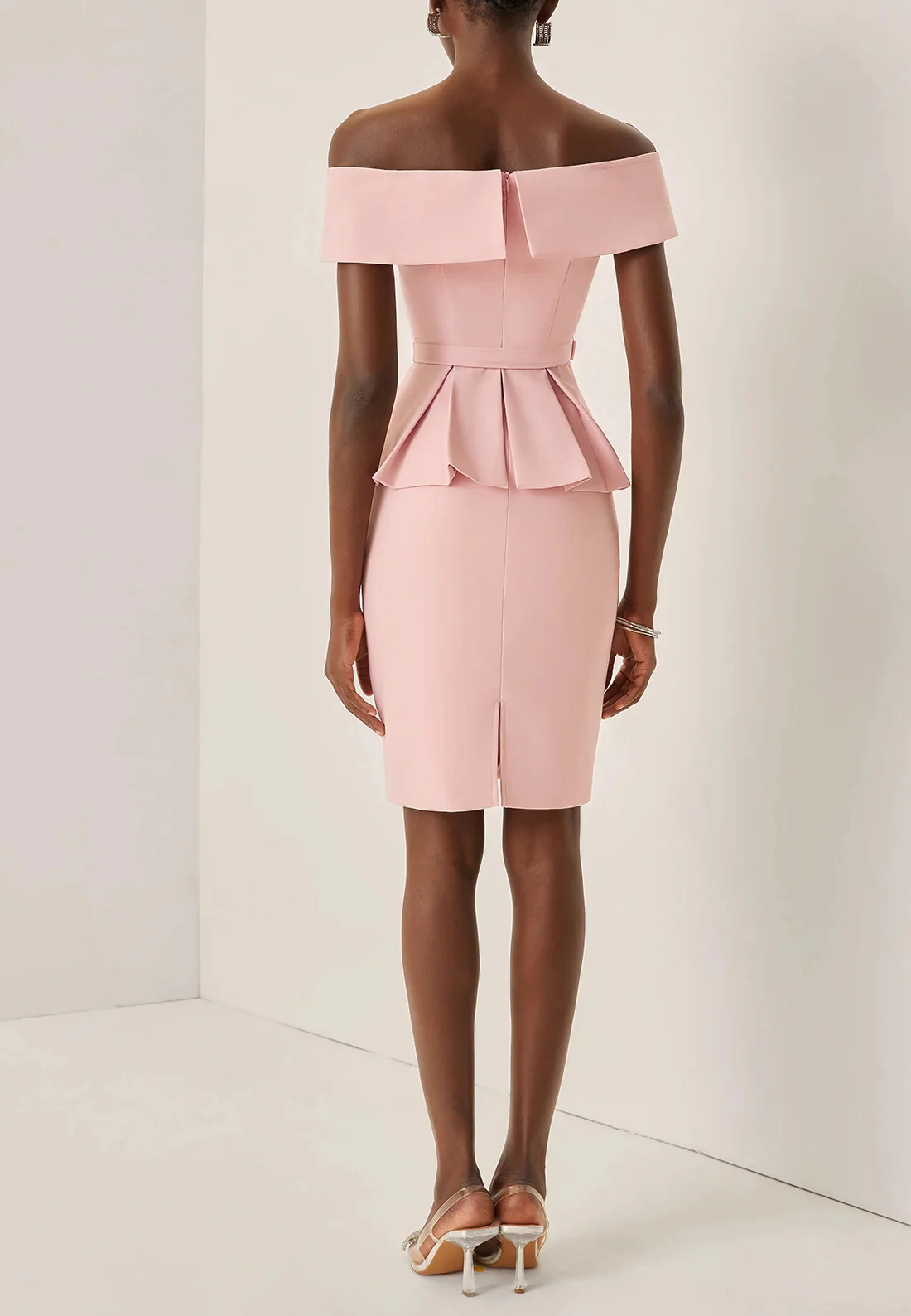 Pink 3D Floral Peplum V Neck Short Sleeve Sheath Midi Dress