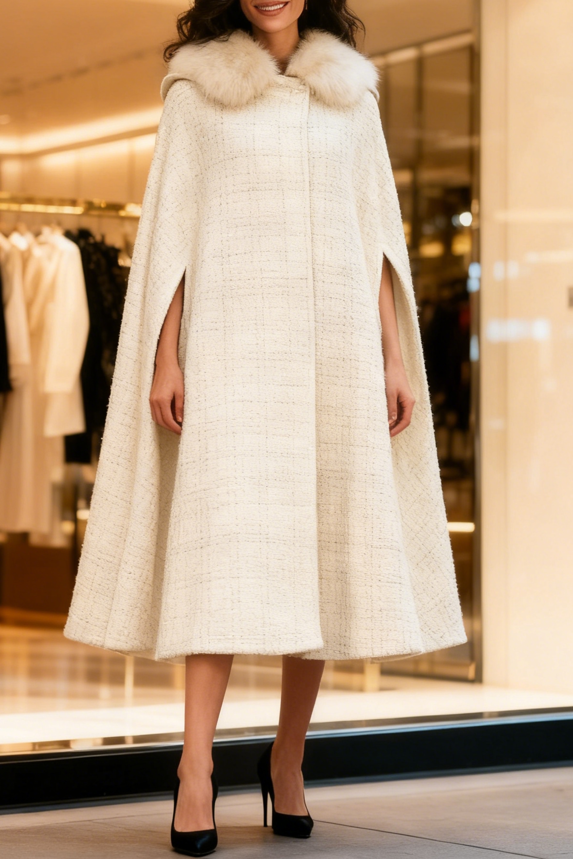 Ivory Flared Coat With Faux Fur Collar And Cuffs