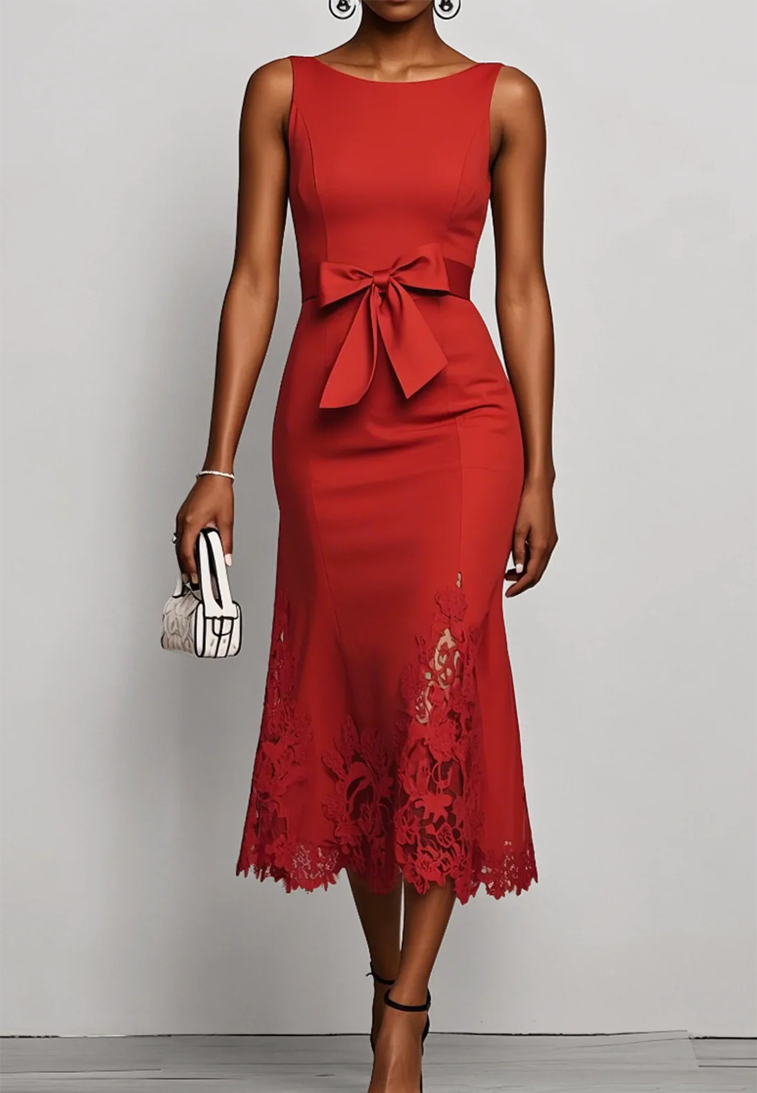 Scoop Lace Appliques Bow Mermaid Midi Work Dress