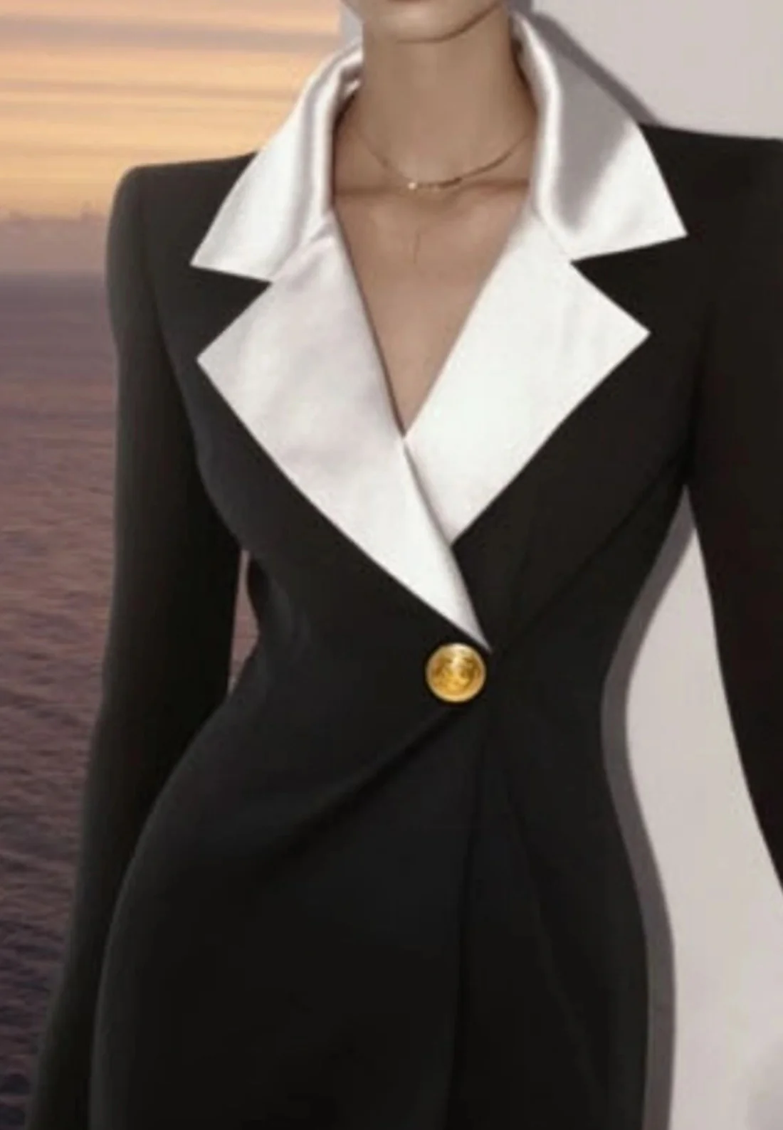 Work Dress Black White Lapel Long Sleeve Maxi Dress