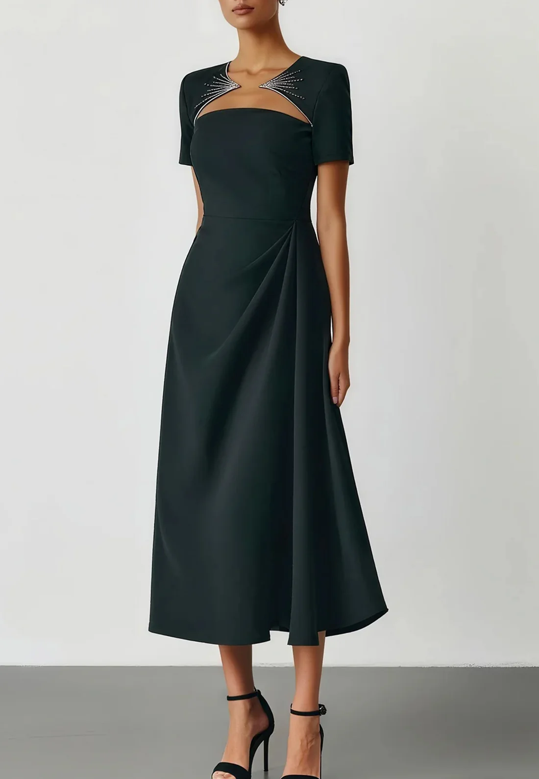 Black Ruched Hotfix Embellished Classic Crew Neck Short Sleeve A-Line Midi Dress
