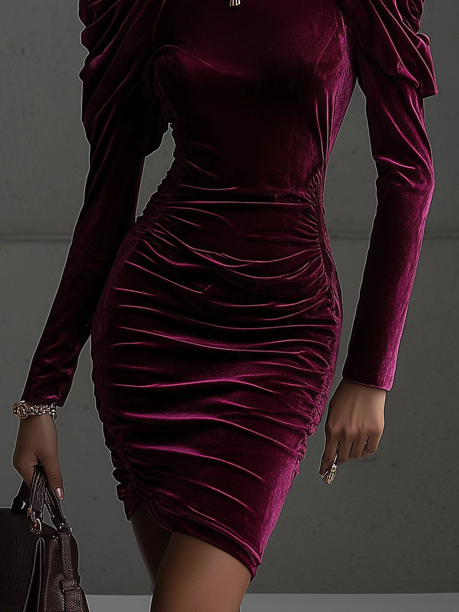 Burgundy Velvet Puff Shoulder Long Sleeve Bodycon Dress