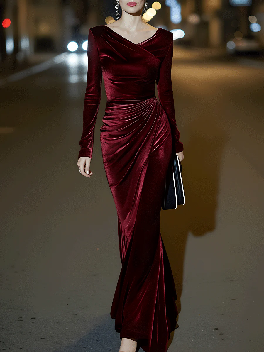 Burgundy Velvet Draped Evening Gown