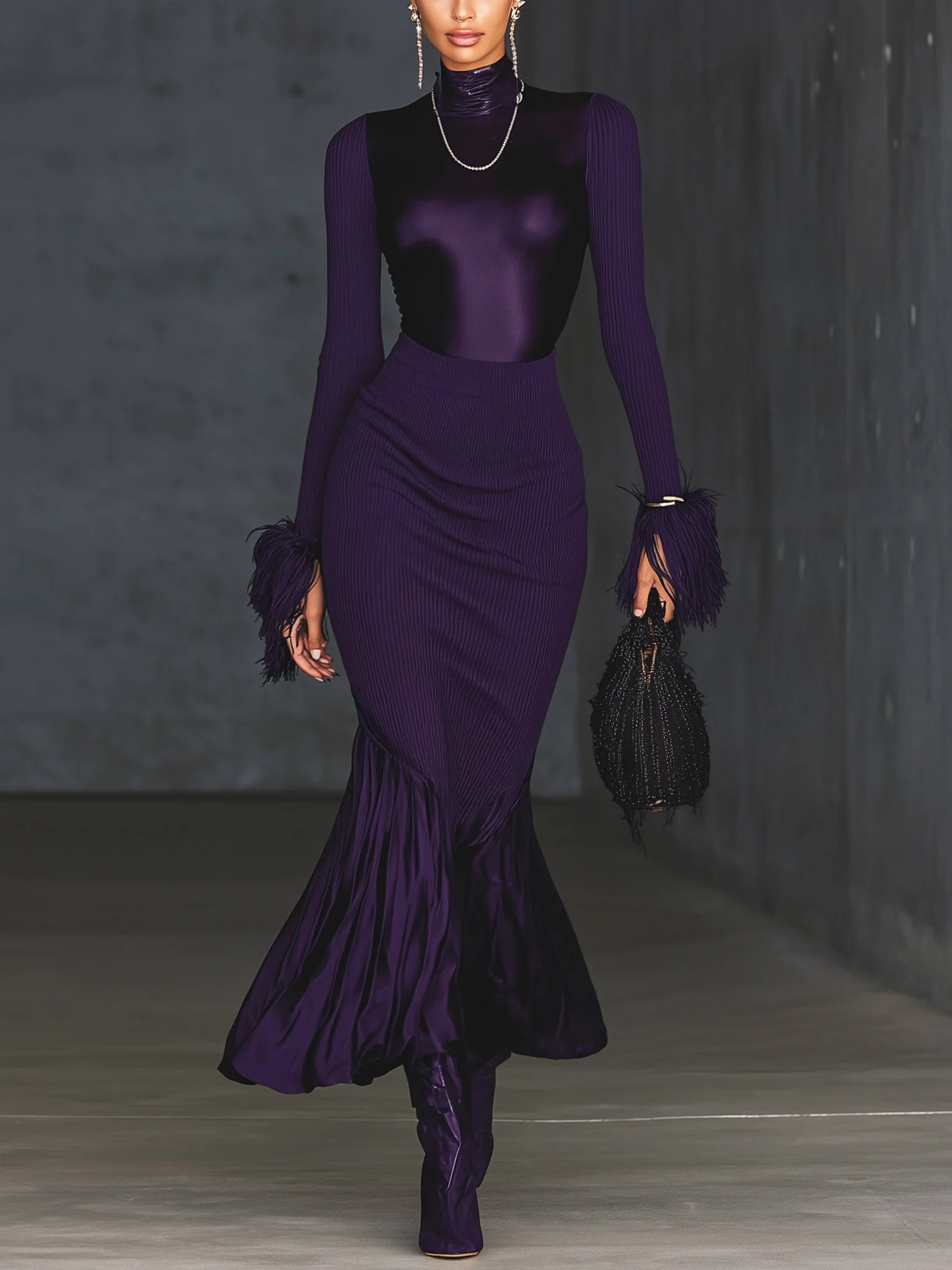 Purple Ribbed Knit Flared Long Sleeve Maxi Dress