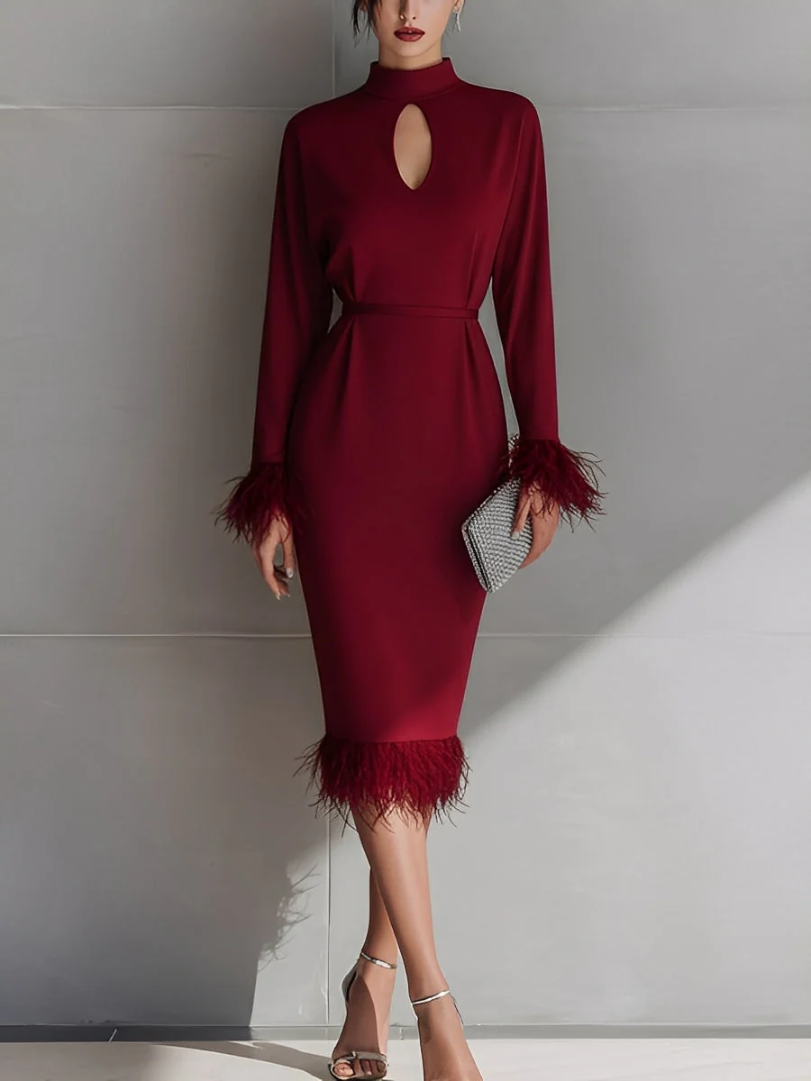 Women's Burgundy Glamorous Crepe Keyhole - Neck Feather - Trimmed Midi Dress