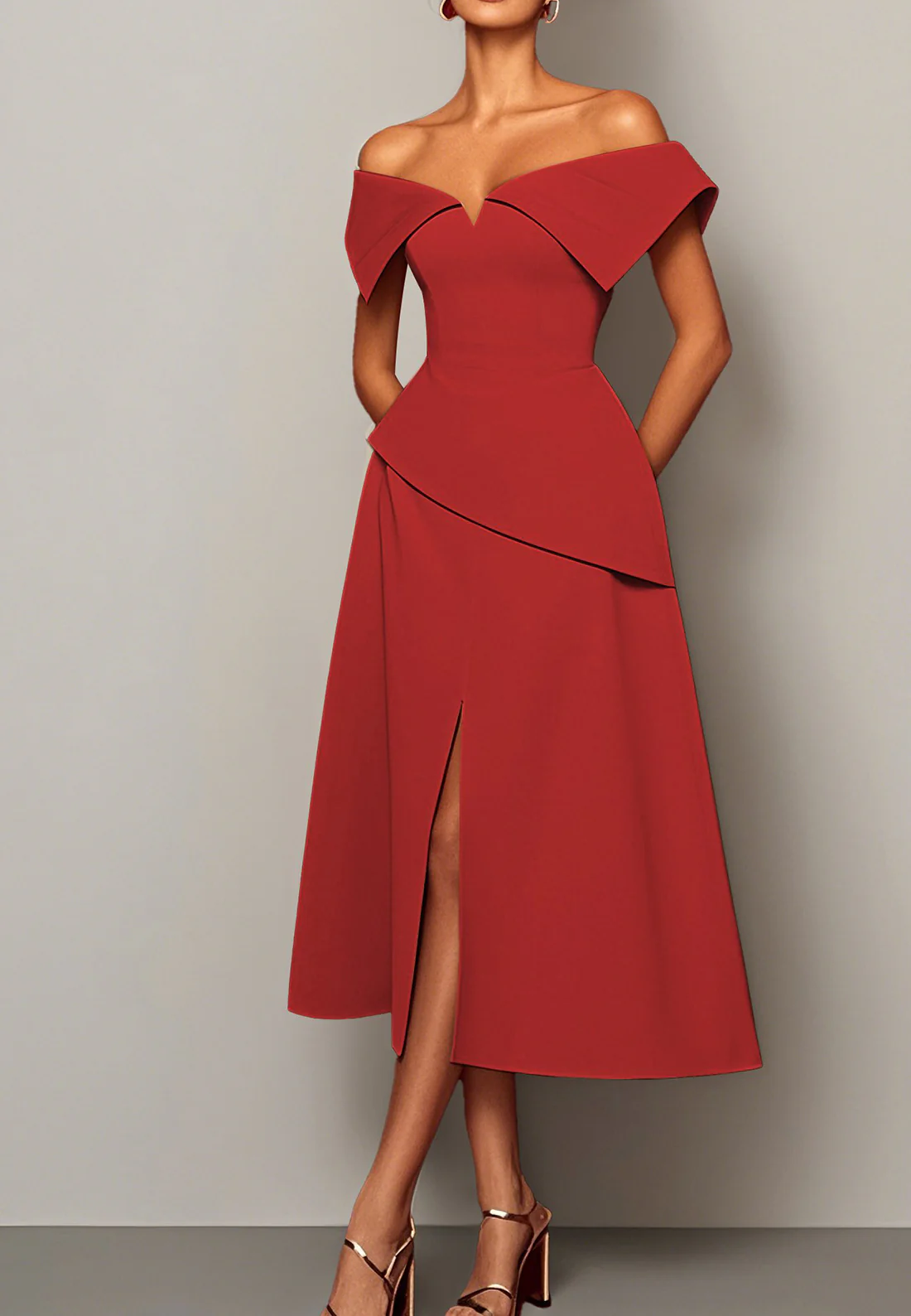 Red Slit Off The Shoulder A-Line Midi Dress