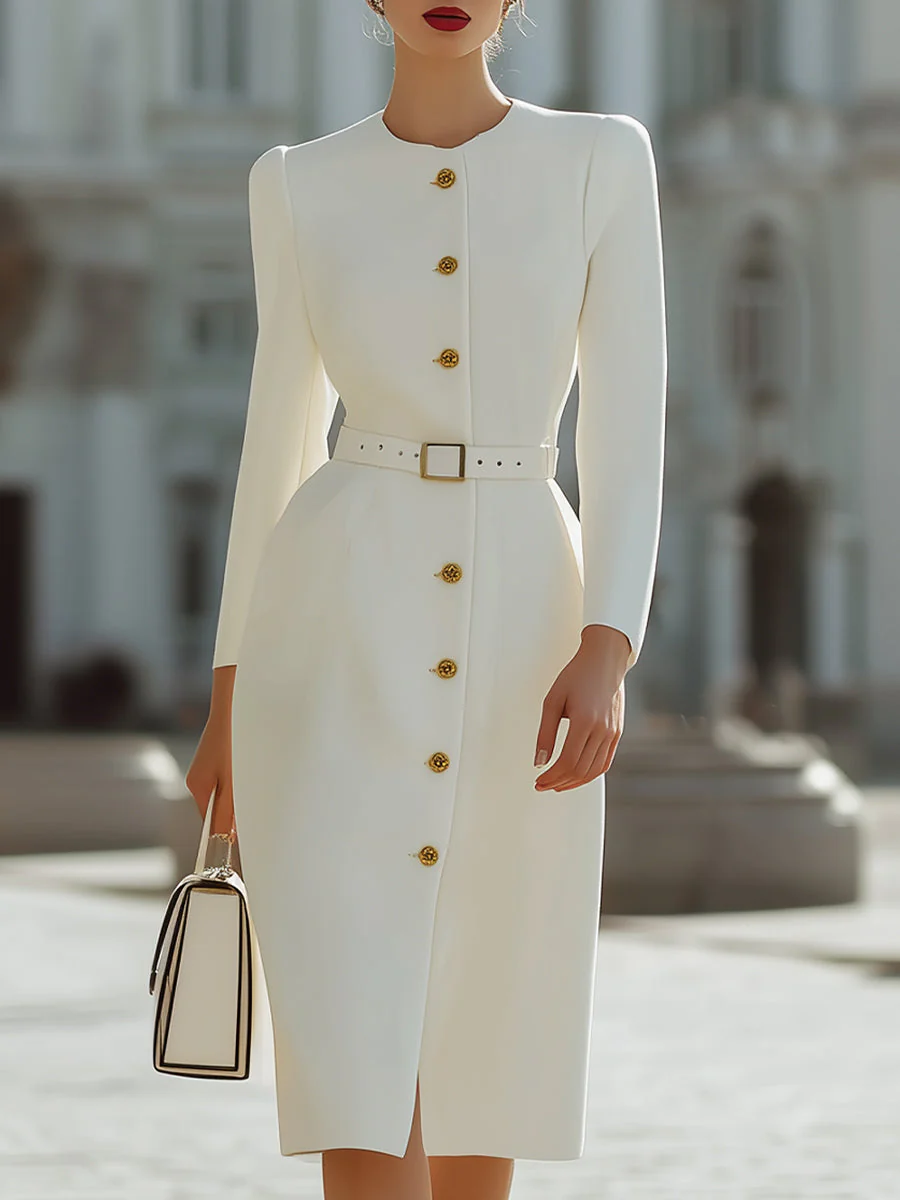 Elegant White Belted Midi Dress With Gold Button Details