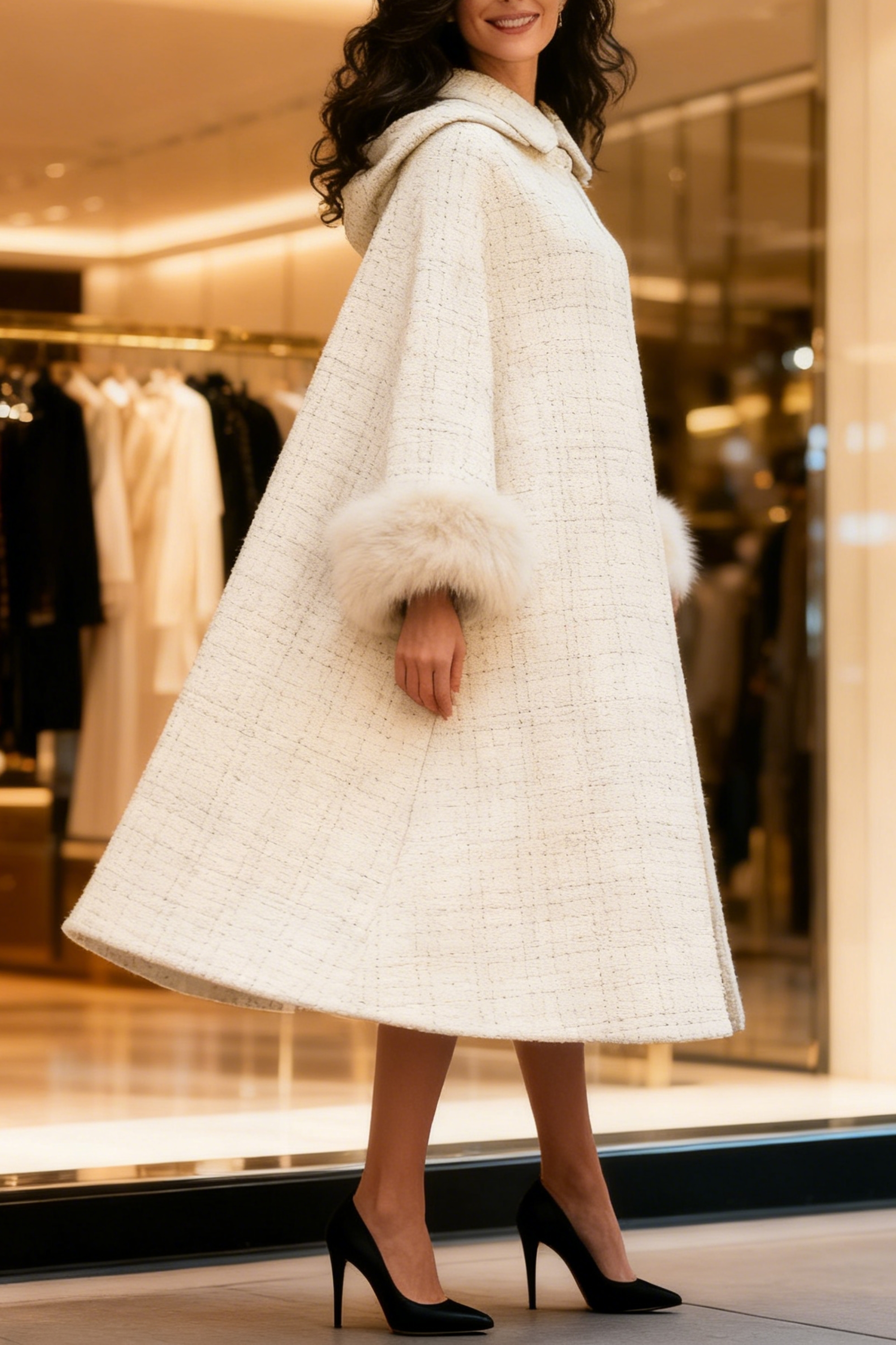 Ivory Flared Coat With Faux Fur Collar And Cuffs