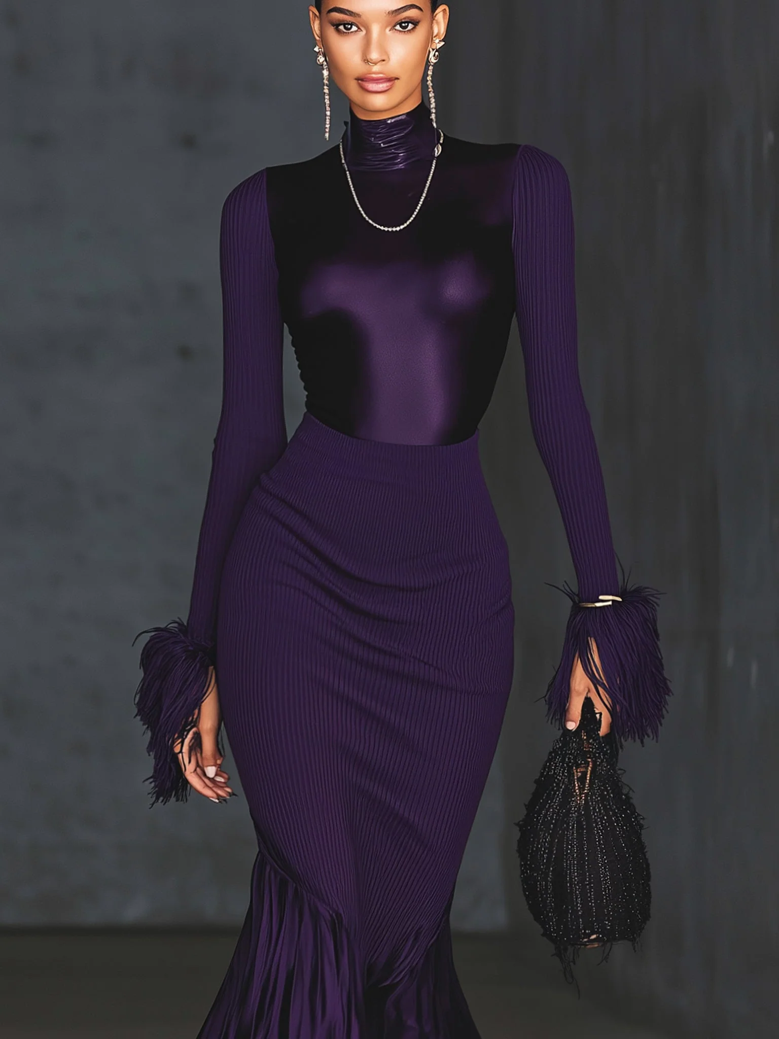 Purple Ribbed Knit Flared Long Sleeve Maxi Dress