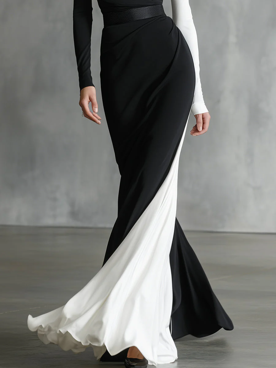 Women's Black - White Classic Jersey Asymmetric One - Shoulder Maxi Dress