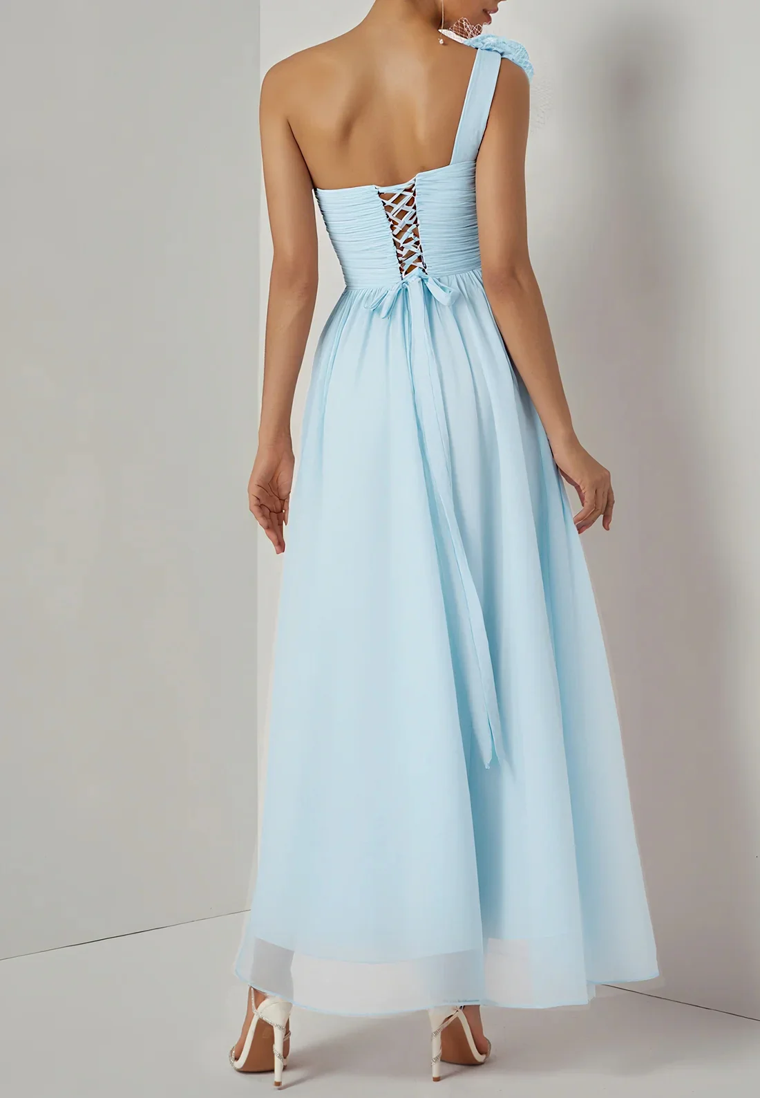 Light Blue Removable 3D Floral Ruched Chiffon One Shoulder Sleeveless Sheath Gown Dress