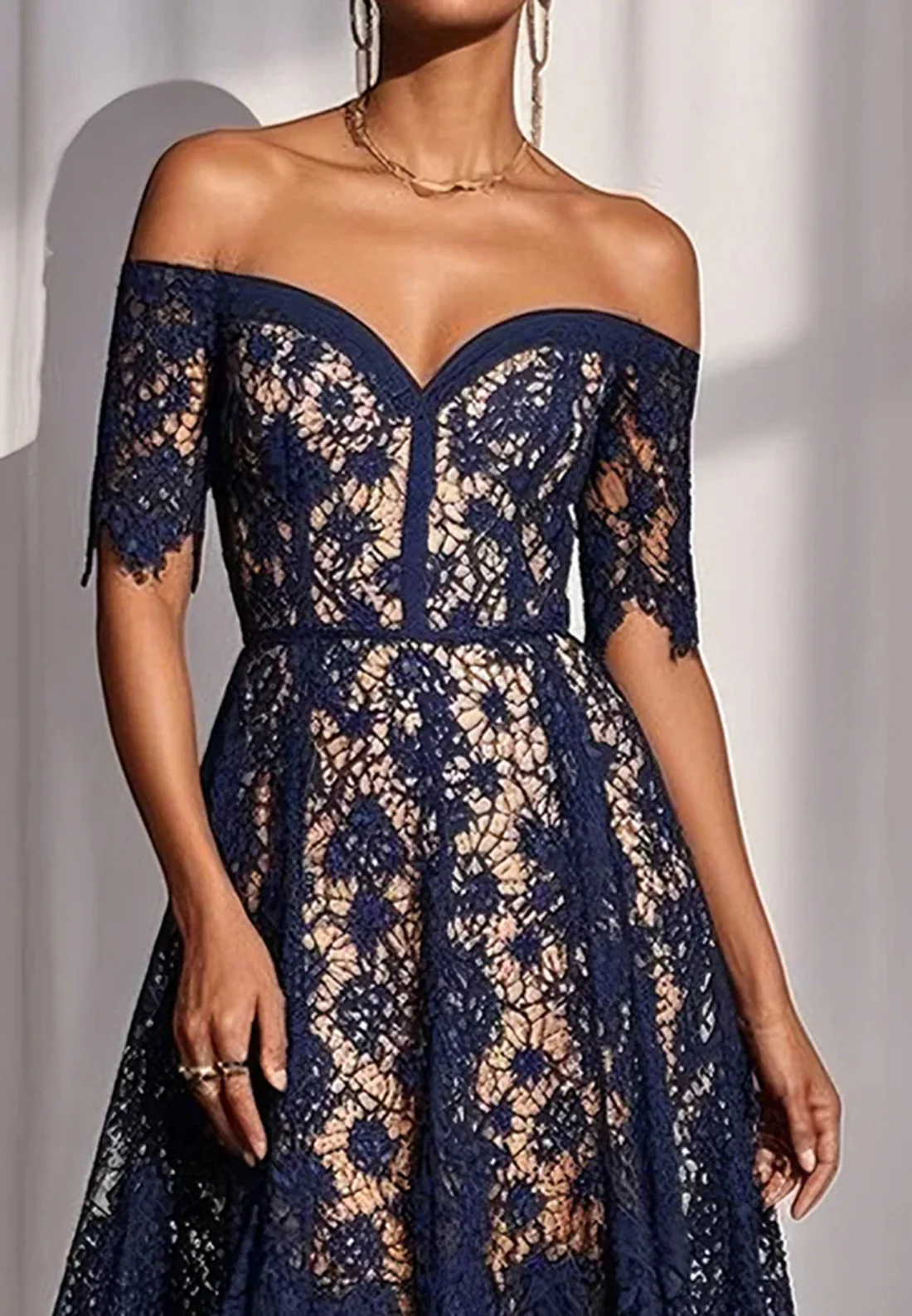 Purplish Blue Lace Off Shoulder Short Sleeve A-Line Midi Dress