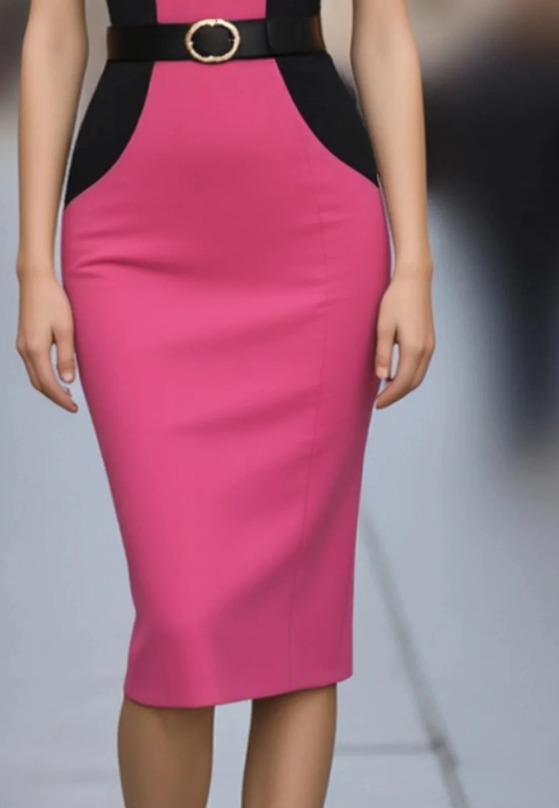Work Dress Pink V Neck Belted Knee-Length Dress