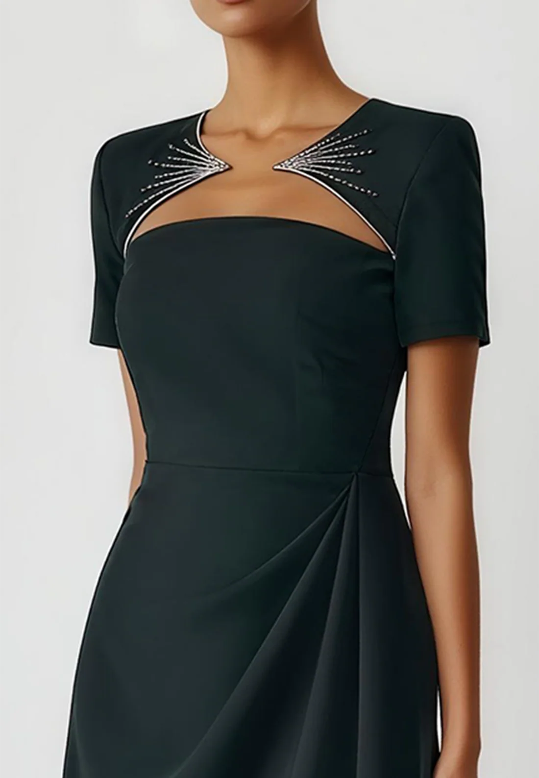 Black Ruched Hotfix Embellished Classic Crew Neck Short Sleeve A-Line Midi Dress