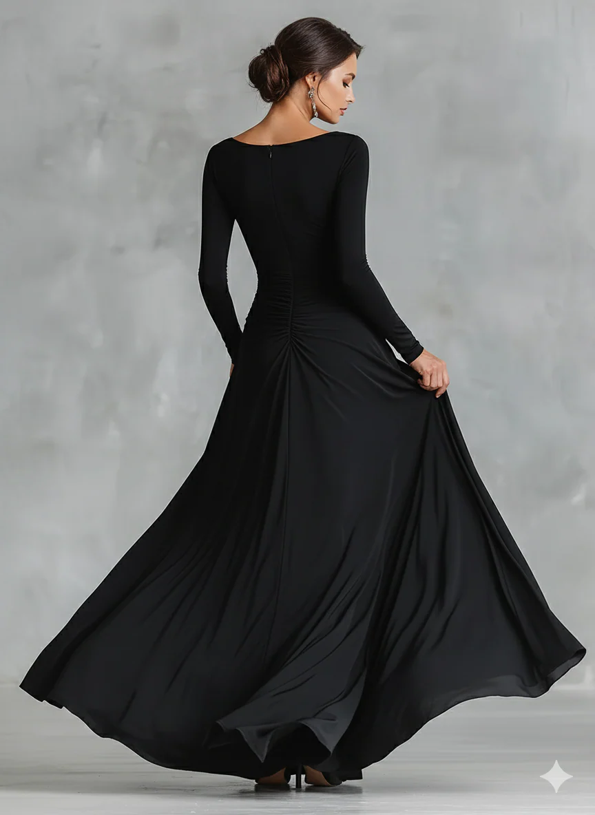 Women's Black Modern Crepe Ruched Boat - Neck Maxi Dress
