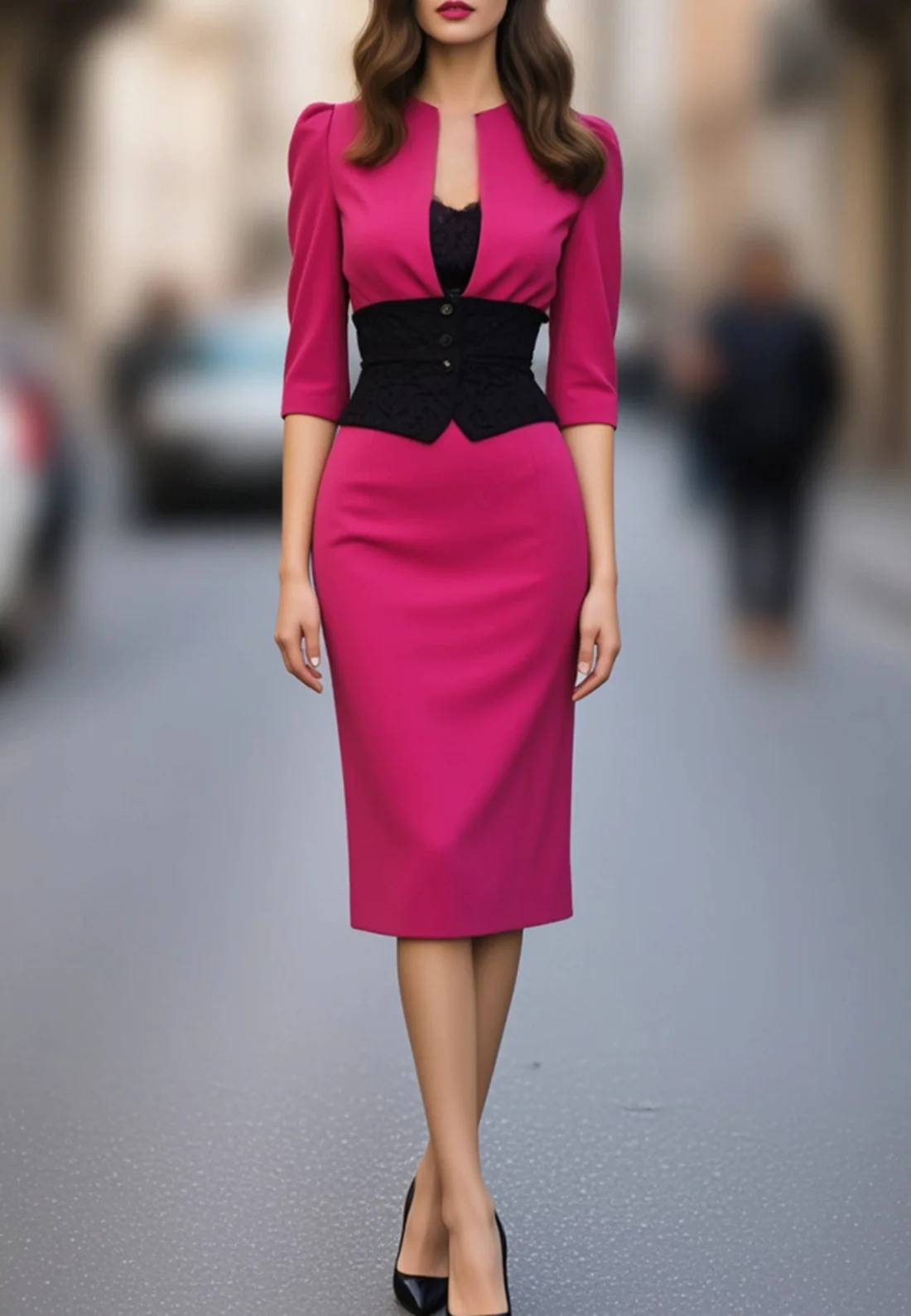 Work Dress Rose V Neck Half Sleeve Knee-Length Dress