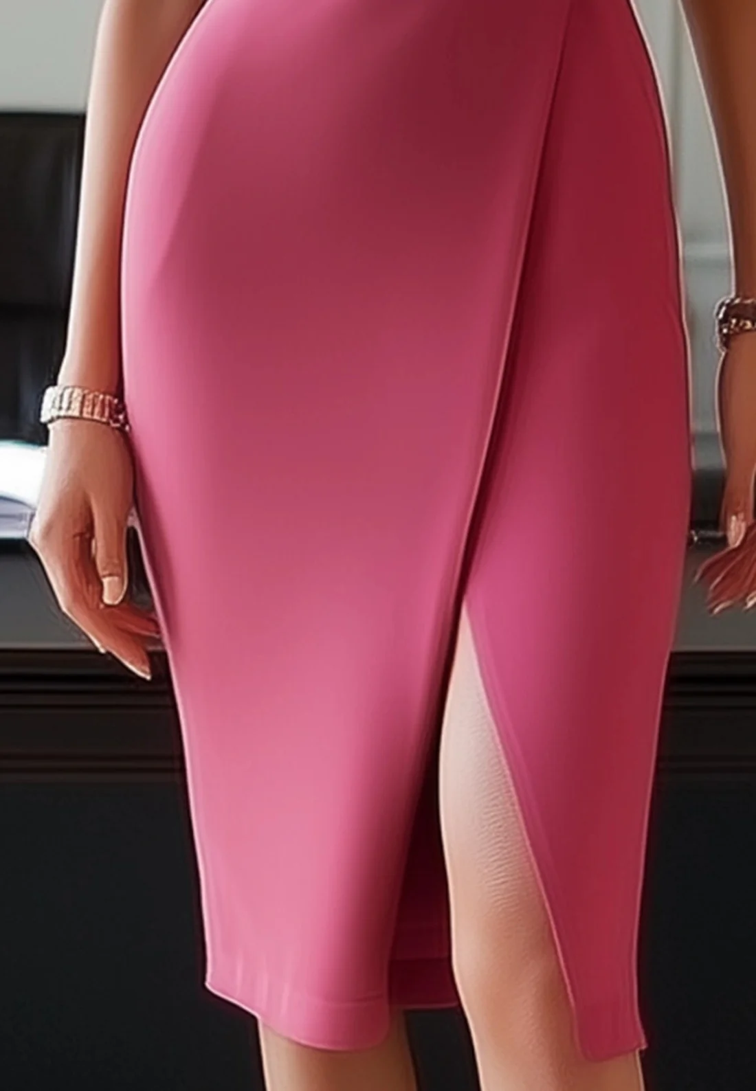 Work Dress Rose Lapel Colorblock Knee-Length Dress