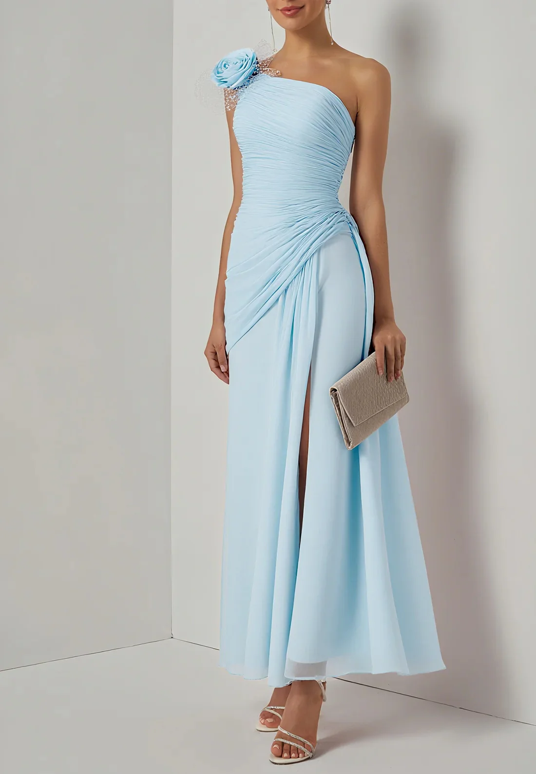 Light Blue Removable 3D Floral Ruched Chiffon One Shoulder Sleeveless Sheath Gown Dress