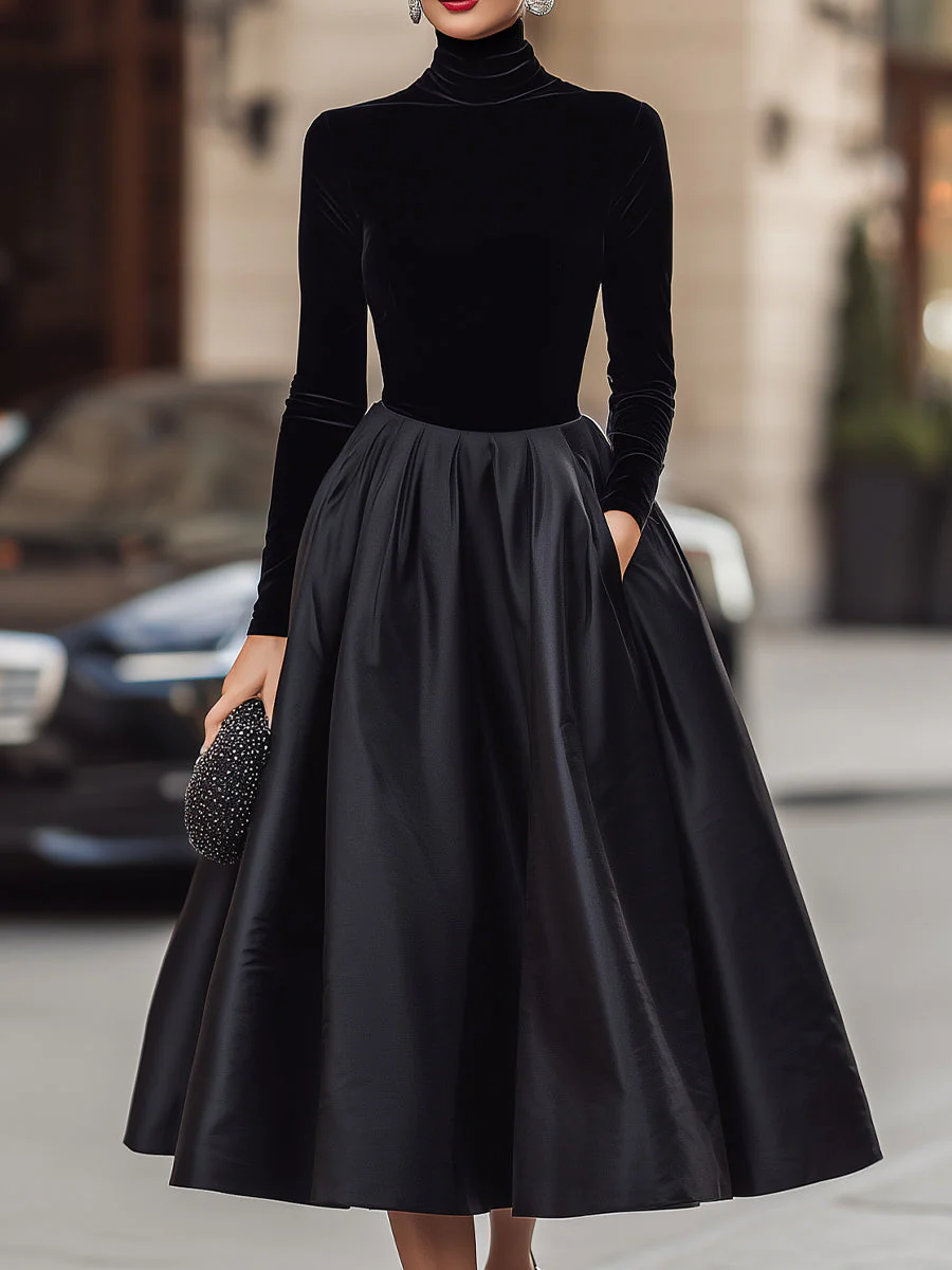 Elegant Black Velvet And Satin Midi Dress