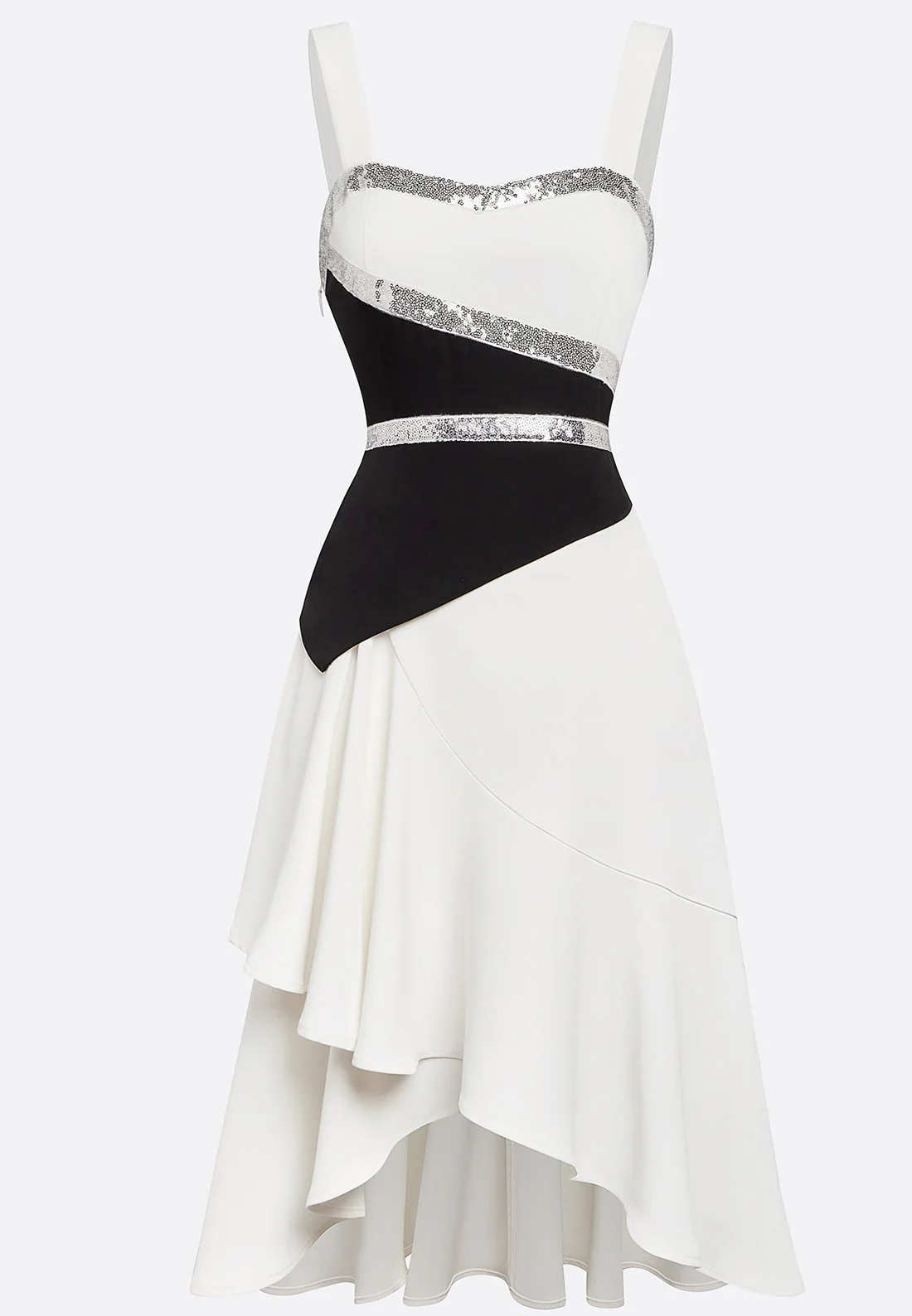 White Sequins Peplum Classic Spaghetti Gallus A-Line Midi Dress