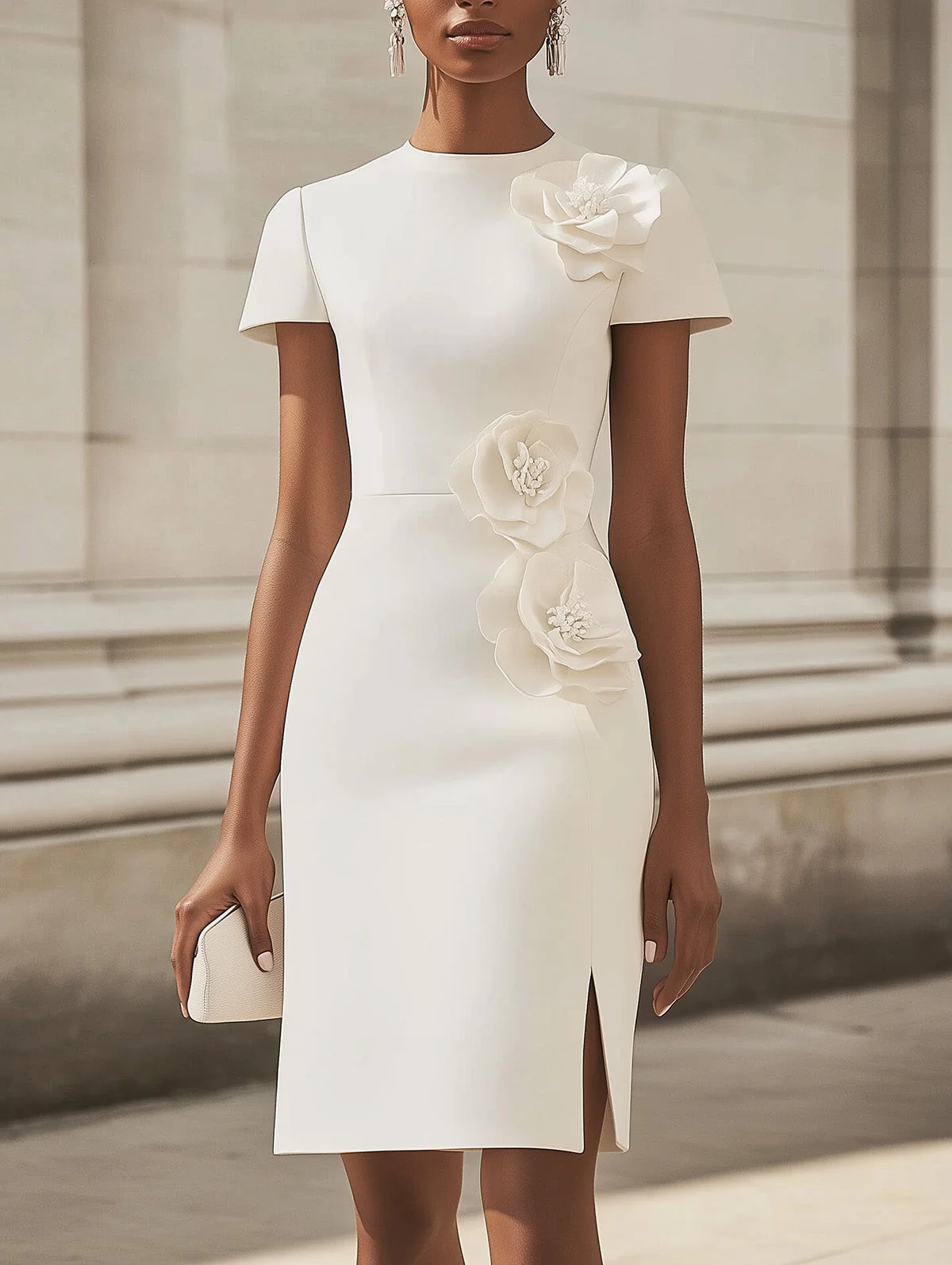 Women's Stylish White Midi Dress With Side Slit And 3D Flower Detail Mini Dress