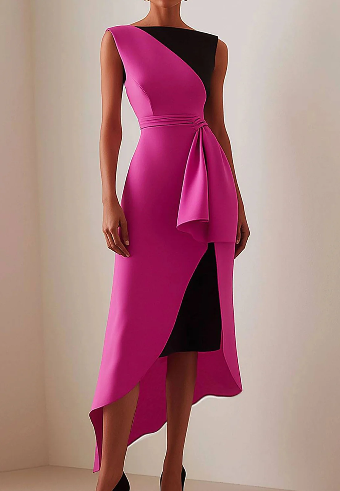 Formal Work Party Boat Neck Royal Blue Sleeveless Belted Slit Midi Dress