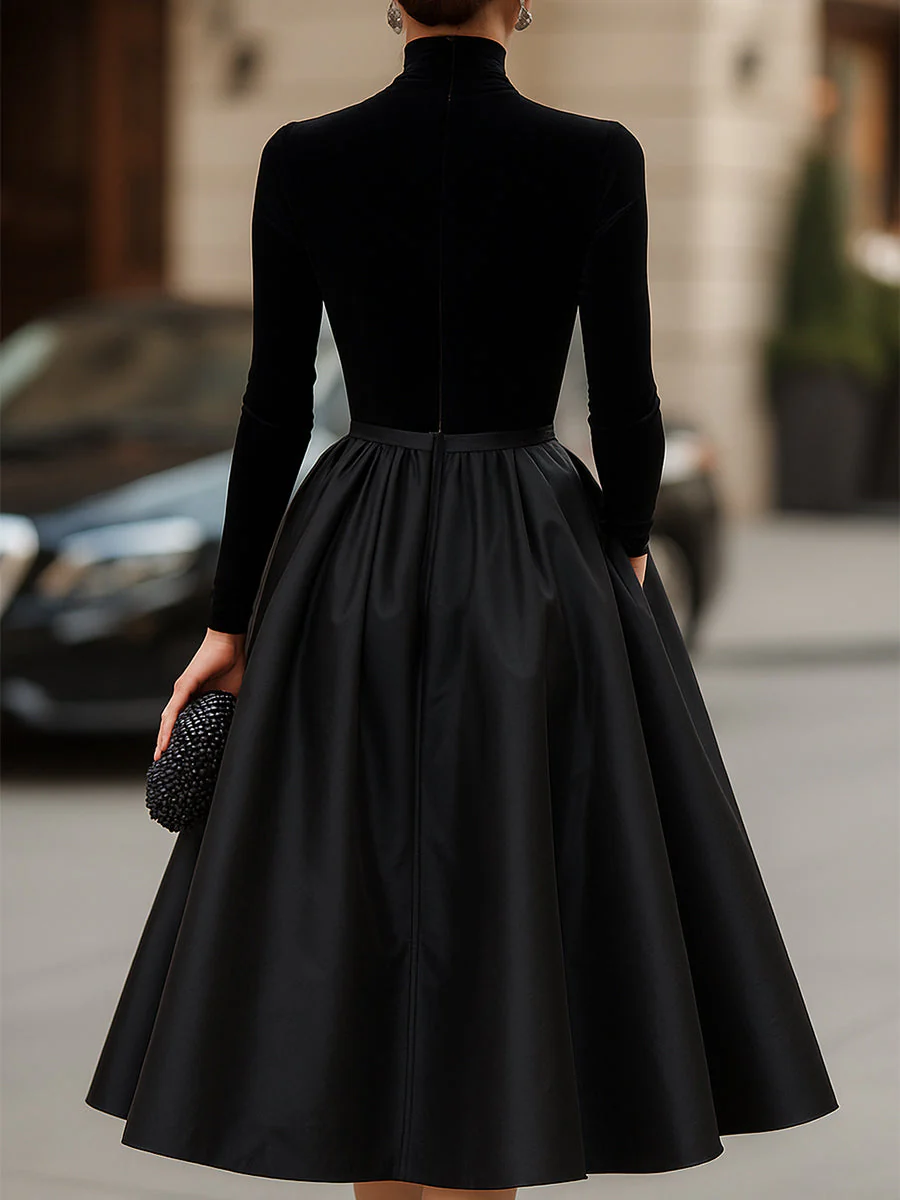 Elegant Black Velvet And Satin Midi Dress
