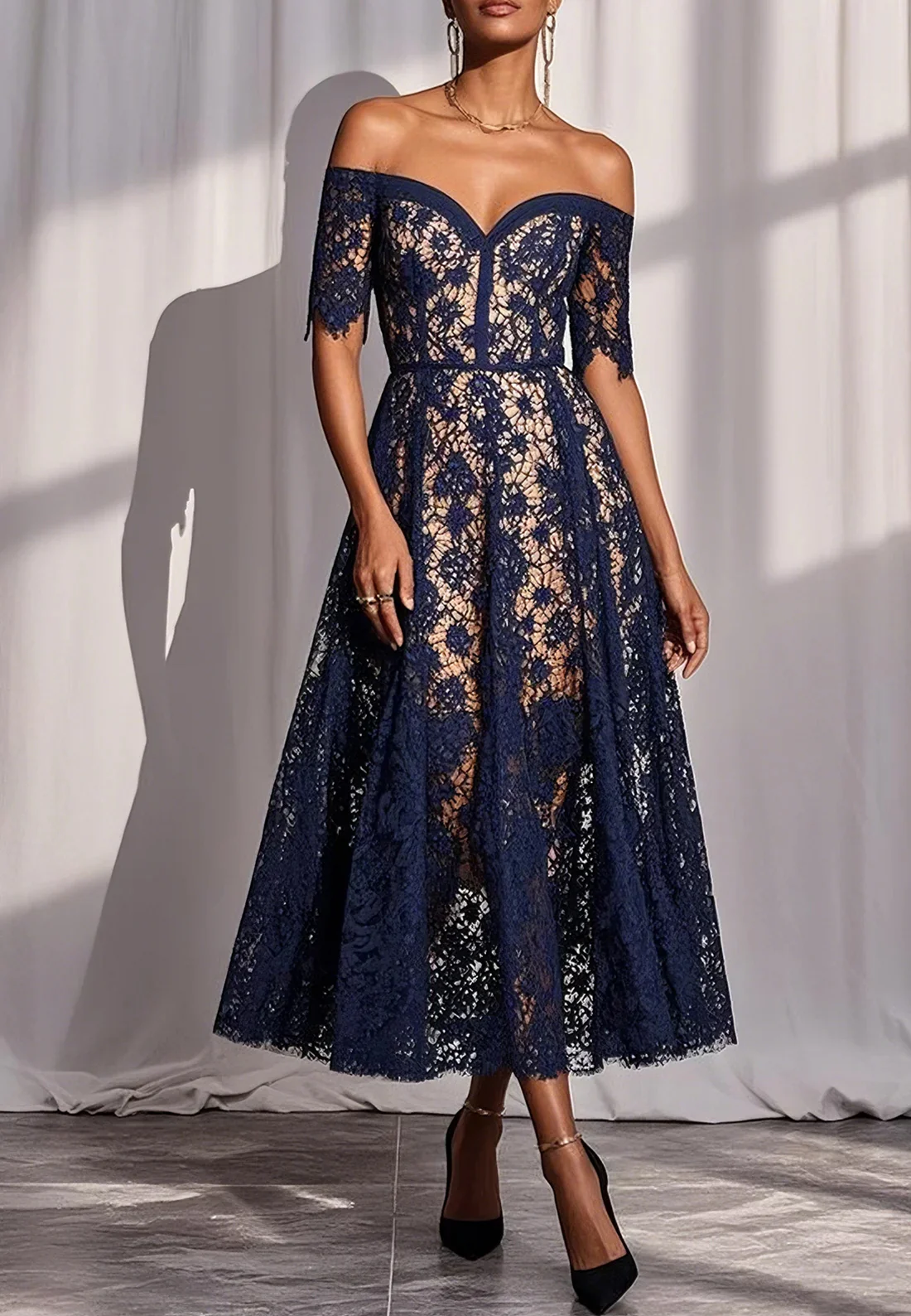 Purplish Blue Lace Off Shoulder Short Sleeve A-Line Midi Dress