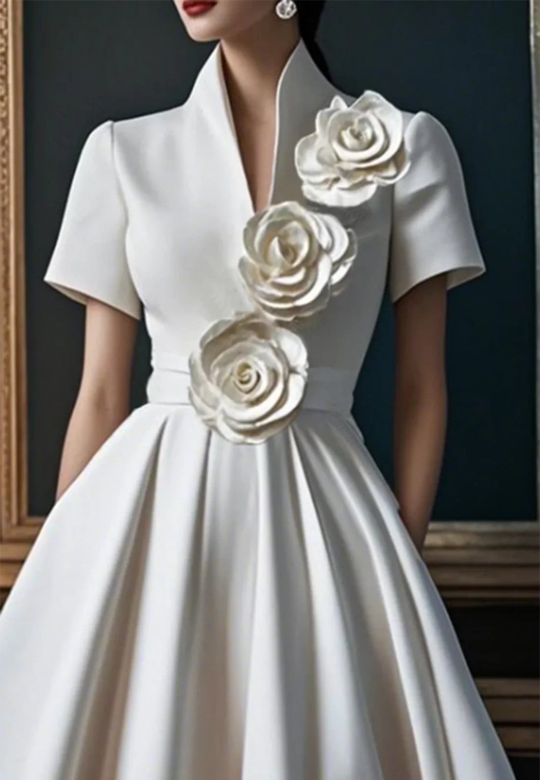 V-Neck Short Sleevs 3D Floral Pleated A-Line Work Dress