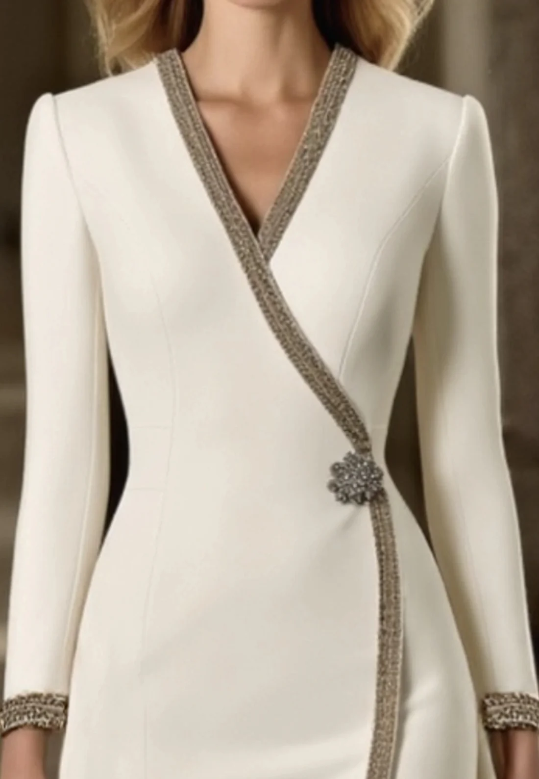 Work Dress White V Neck Long Sleeve Knee-Length Dress