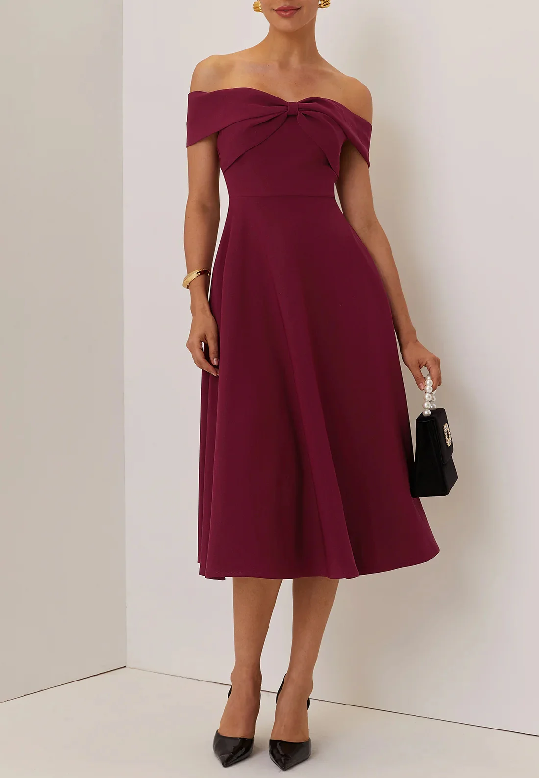 Wine Red Cross Classic Off The Shoulder Short Sleeve A-Line Midi Dress