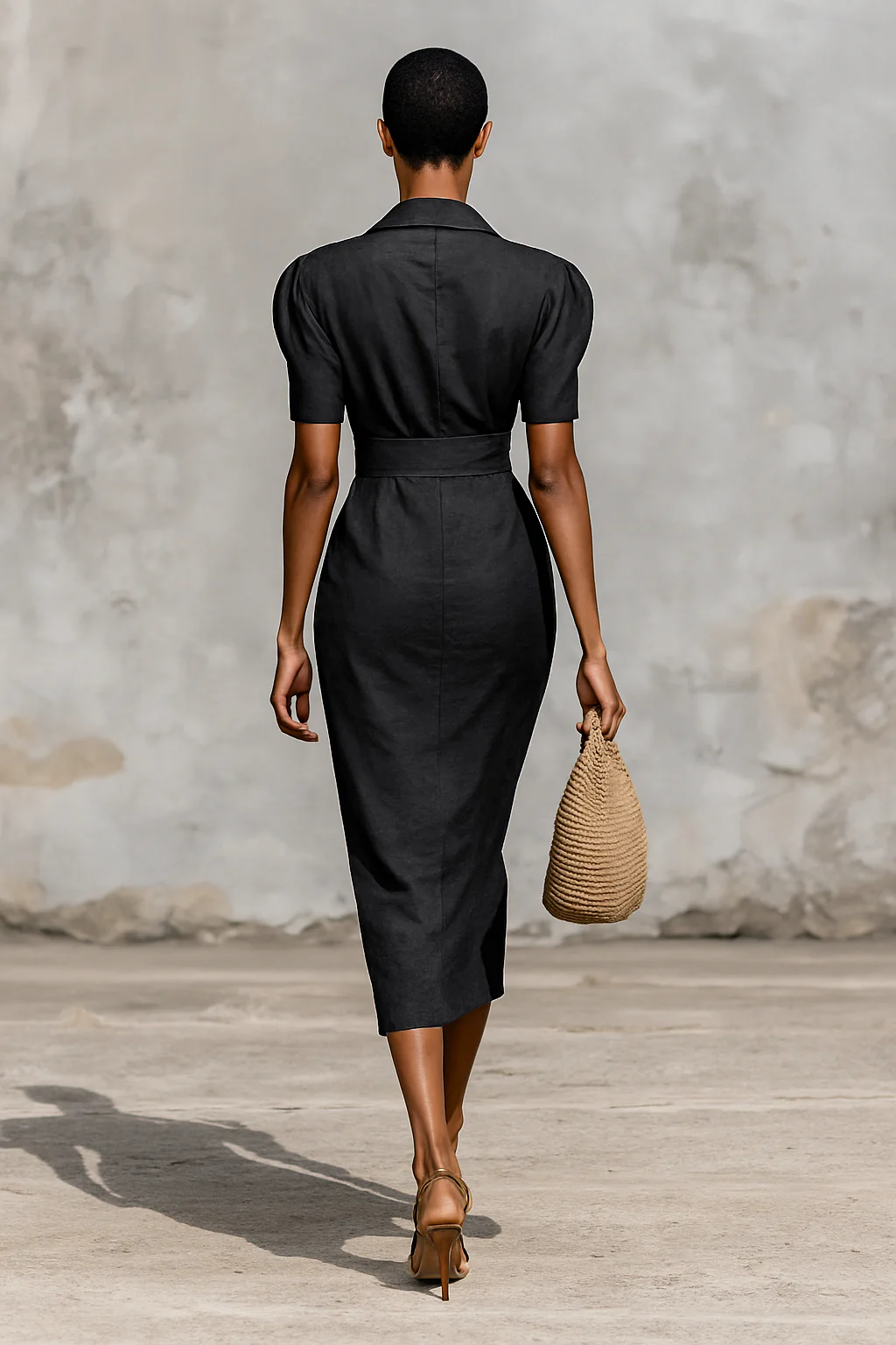 Ladies Solid Color Lapel V-neck Short Sleeve Waist Midi Dress