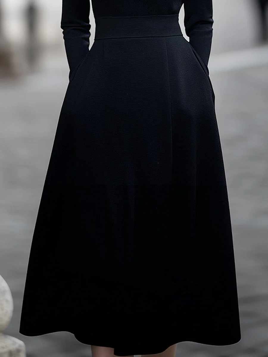 Draped Cape-Shoulder Midi Dress In Classic Black